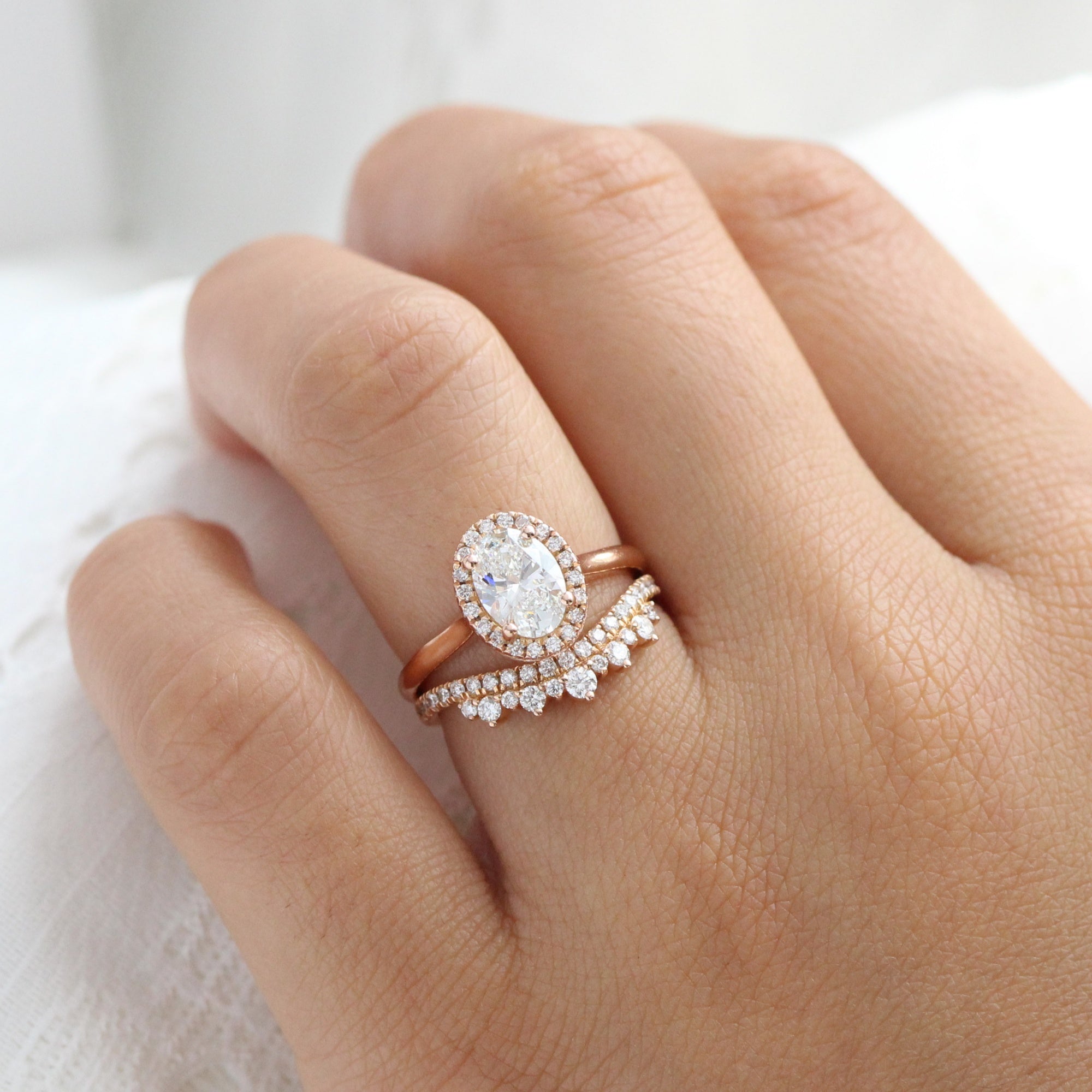 lab diamond ring bridal set rose gold halo oval diamond engagement ring La More Design Jewelry