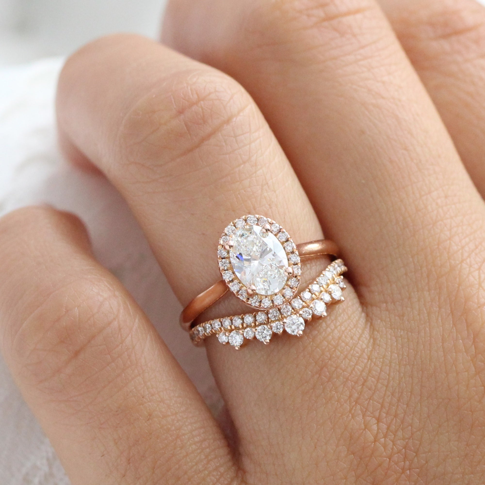 lab diamond ring bridal set rose gold halo oval diamond engagement ring La More Design Jewelry