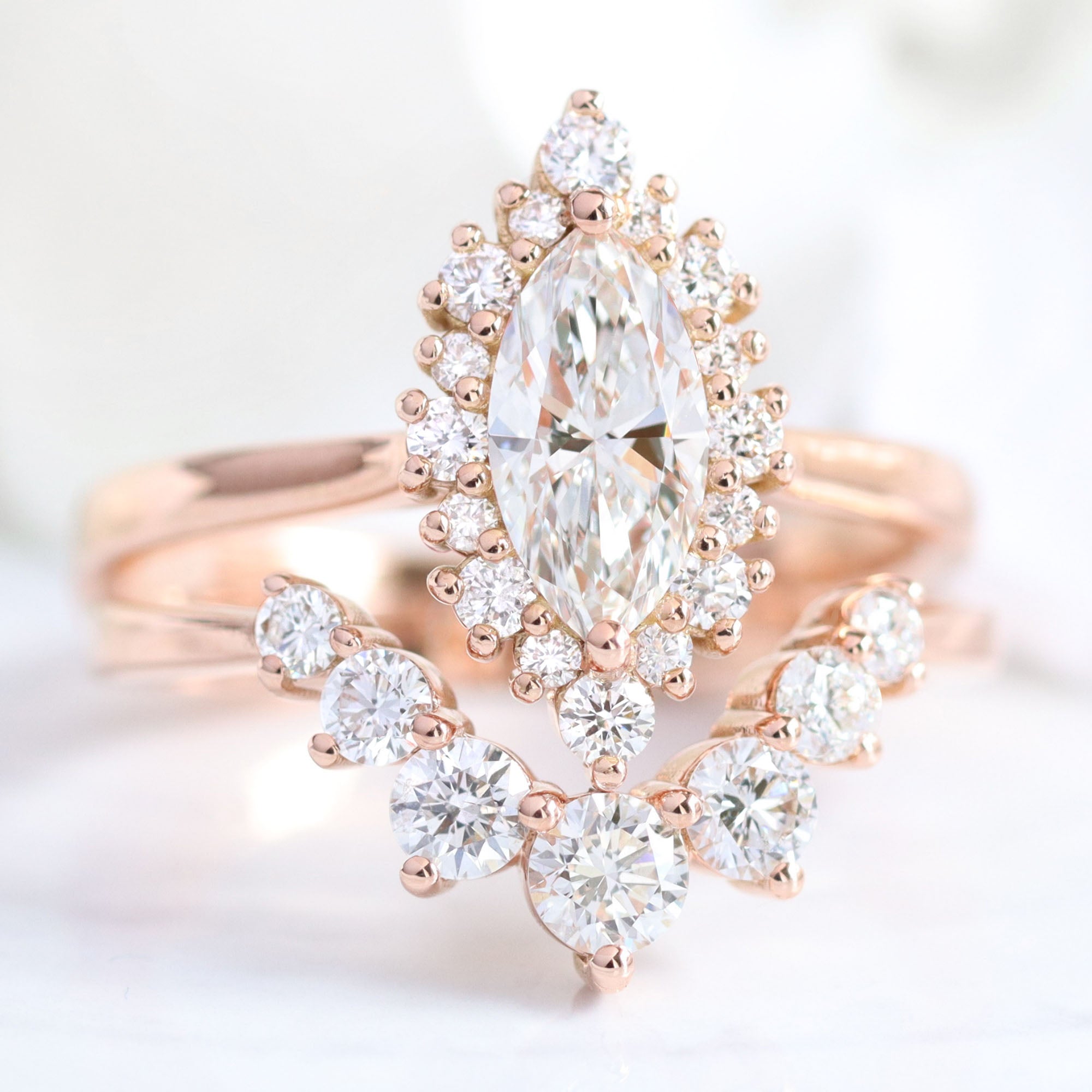 lab diamond ring bridal set rose gold marquise diamond halo engagement ring La More Design Jewelry