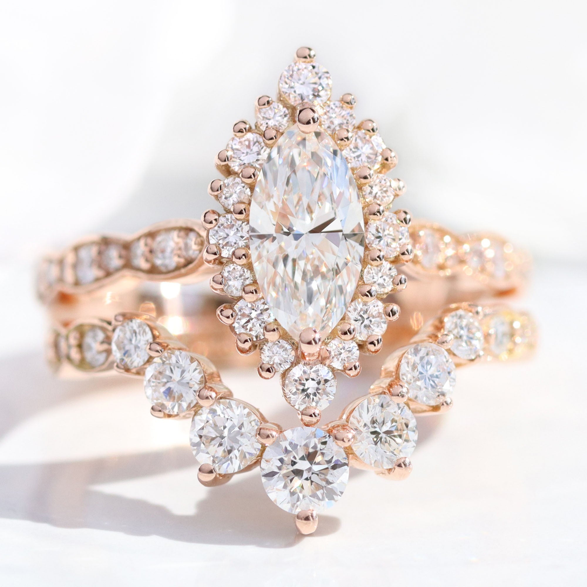 lab diamond ring stack rose gold marquise diamond halo engagement ring set La More Design Jewelry