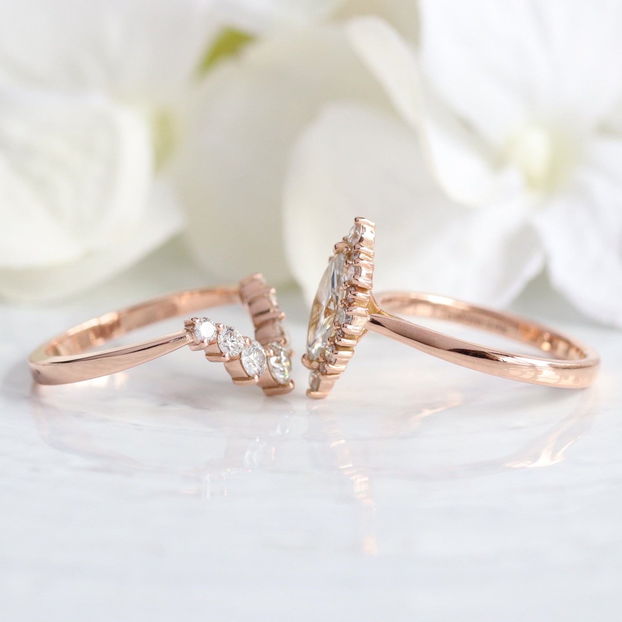 lab diamond ring bridal set rose gold marquise diamond halo engagement ring La More Design Jewelry