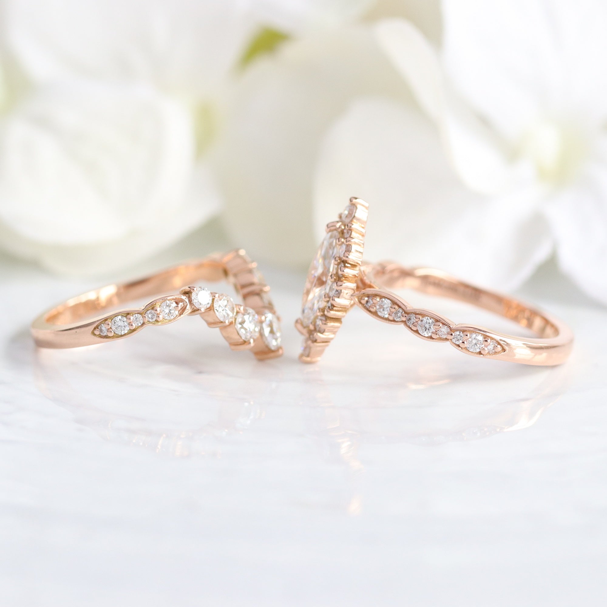 lab diamond ring bridal set rose gold marquise diamond halo engagement ring La More Design Jewelry