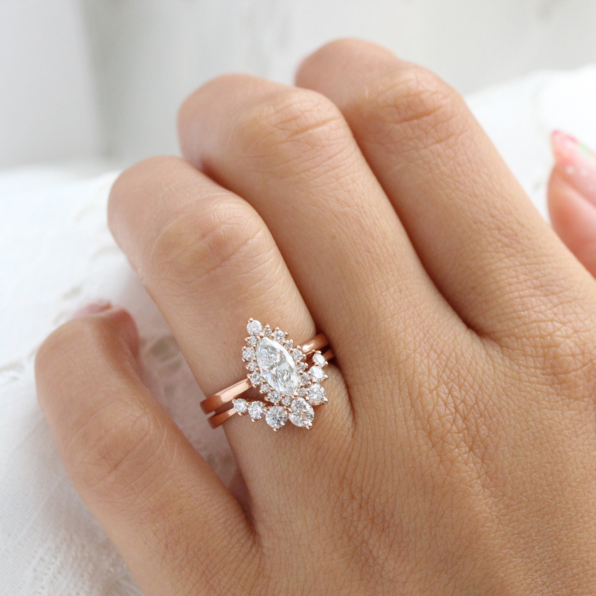 lab diamond ring bridal set rose gold marquise diamond halo engagement ring La More Design Jewelry