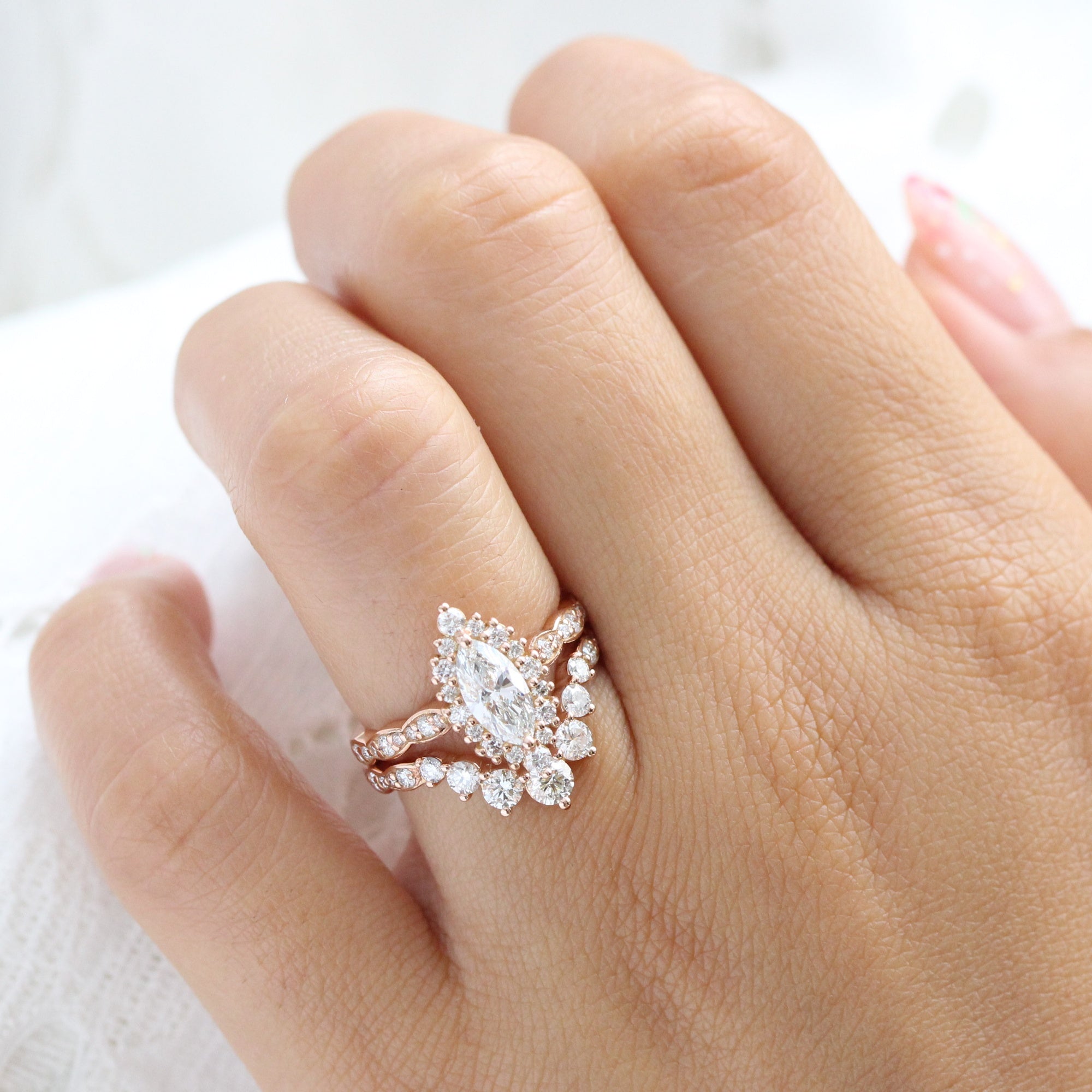 lab diamond ring bridal set rose gold marquise diamond halo engagement ring La More Design Jewelry