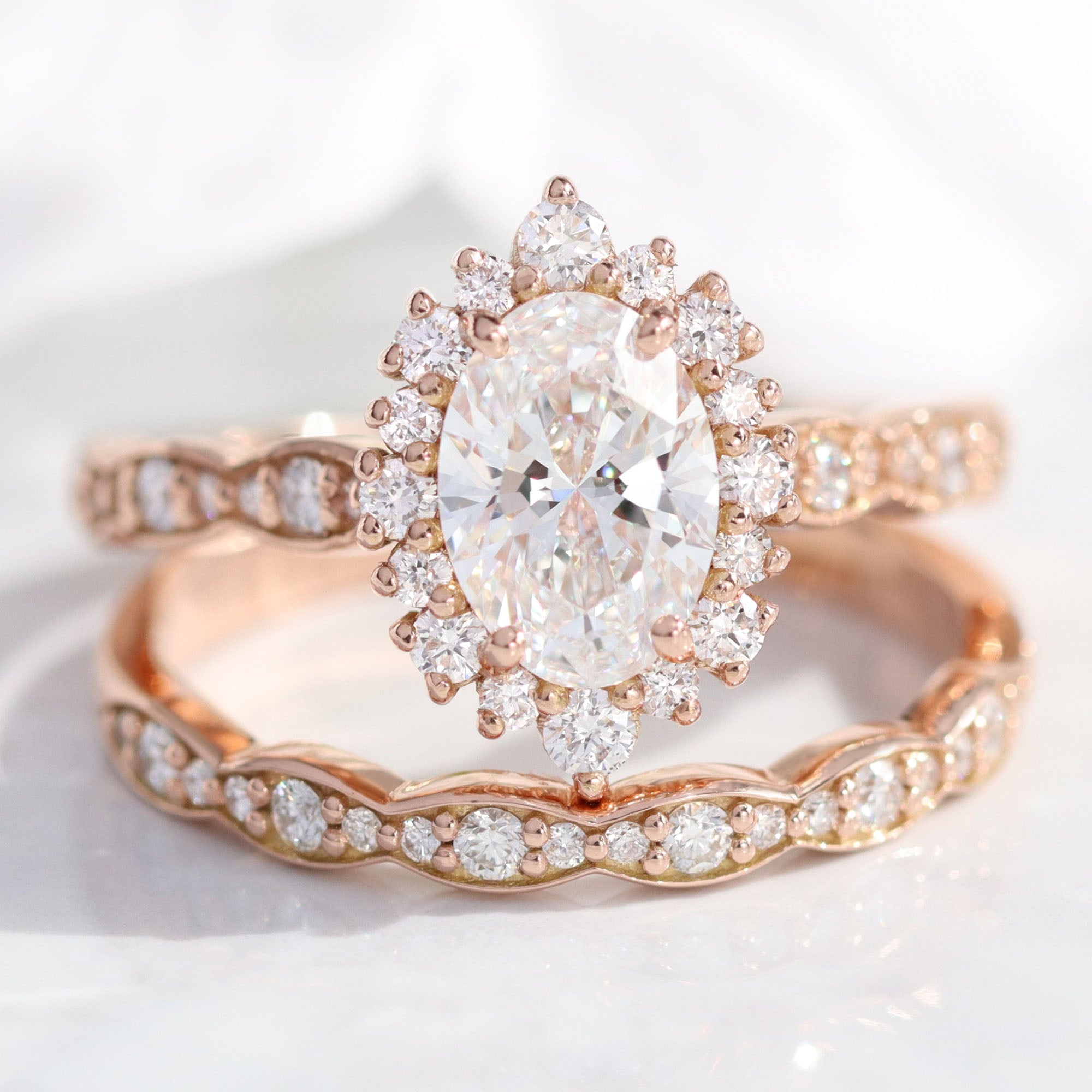 lab diamond ring stack rose gold oval diamond halo engagement ring set La More Design Jewelry