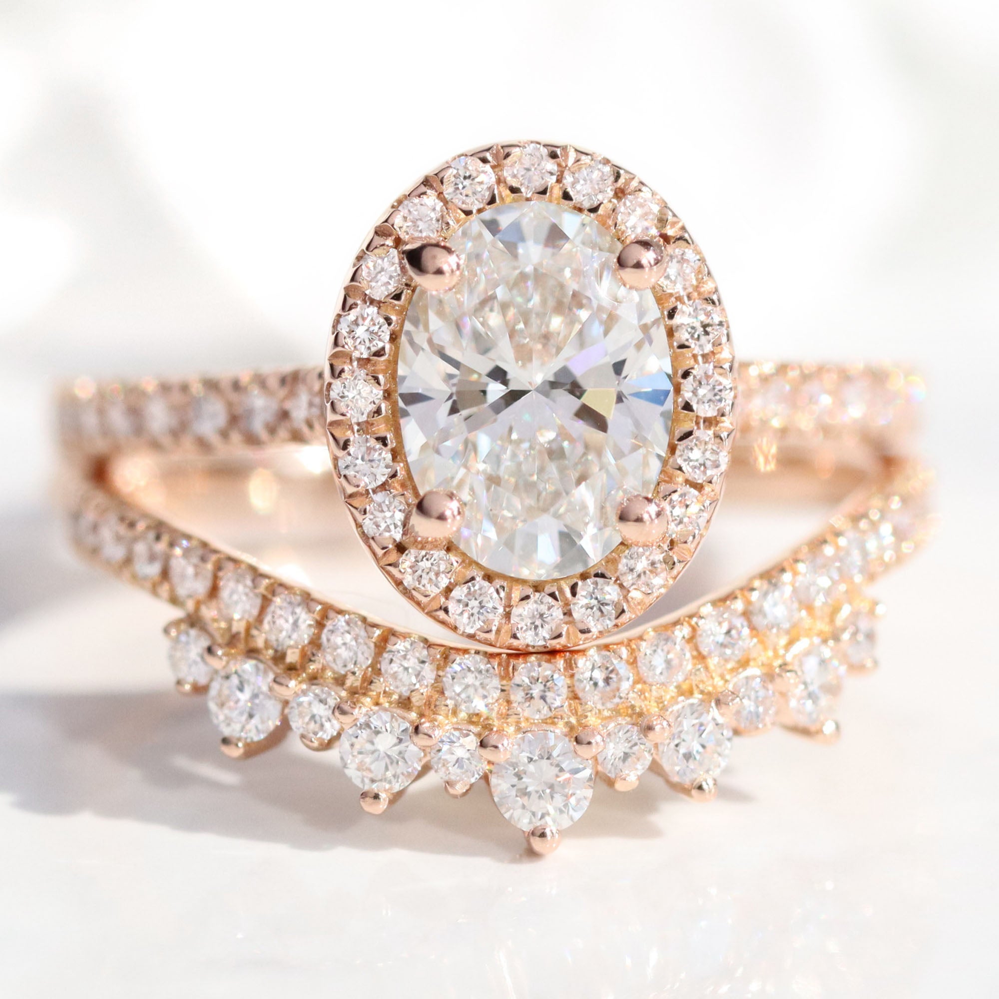 lab diamond ring bridal set rose gold oval diamond halo engagement ring La More Design Jewelry