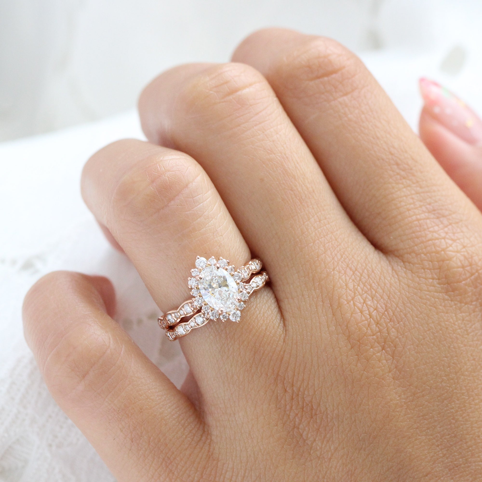 lab diamond ring bridal set rose gold oval diamond halo engagement ring La More Design Jewelry