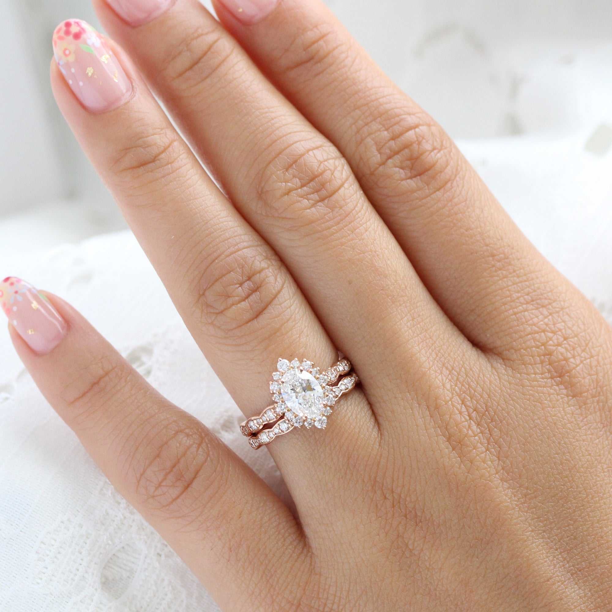 lab diamond ring bridal set rose gold oval diamond halo engagement ring La More Design Jewelry