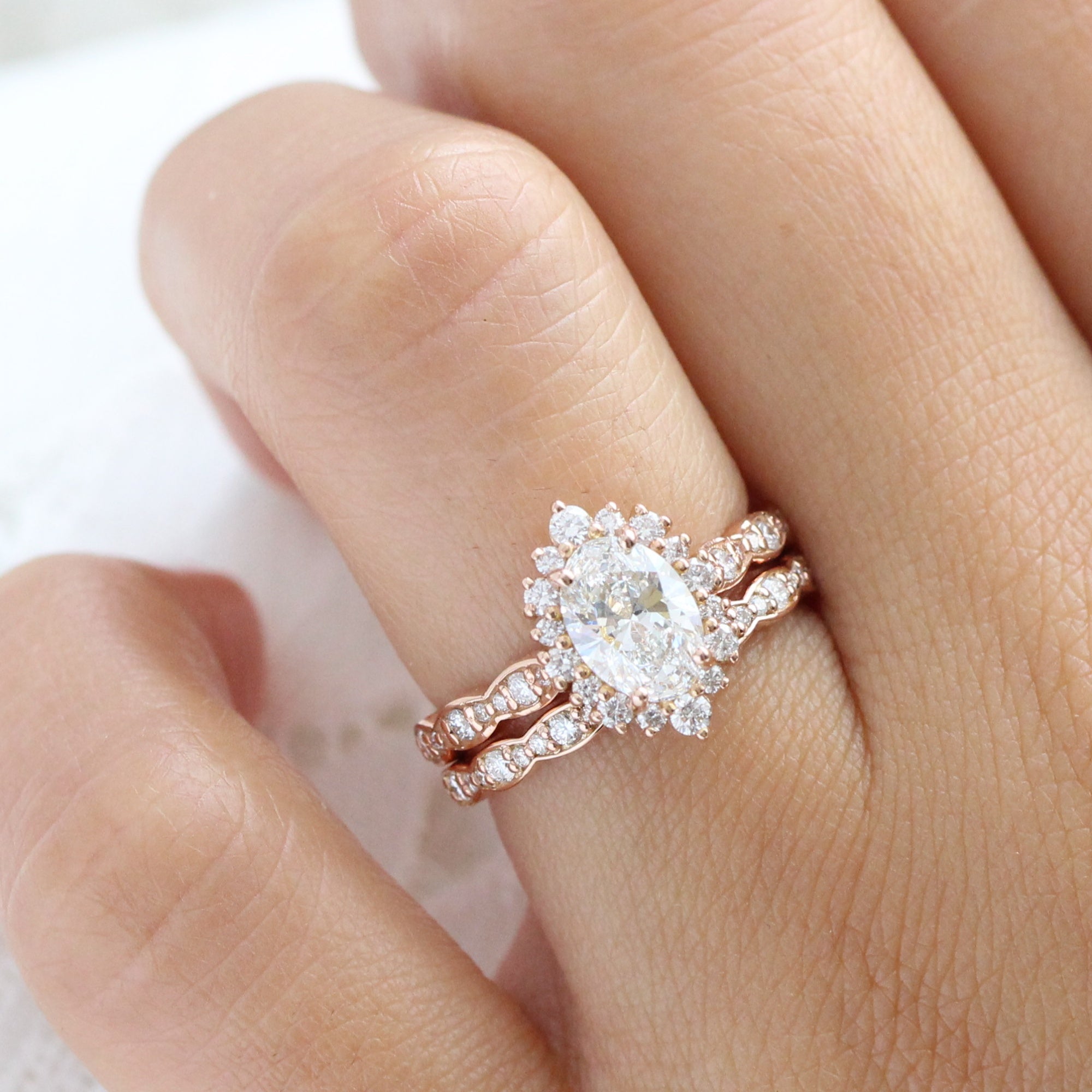 lab diamond ring bridal set rose gold oval diamond halo engagement ring La More Design Jewelry