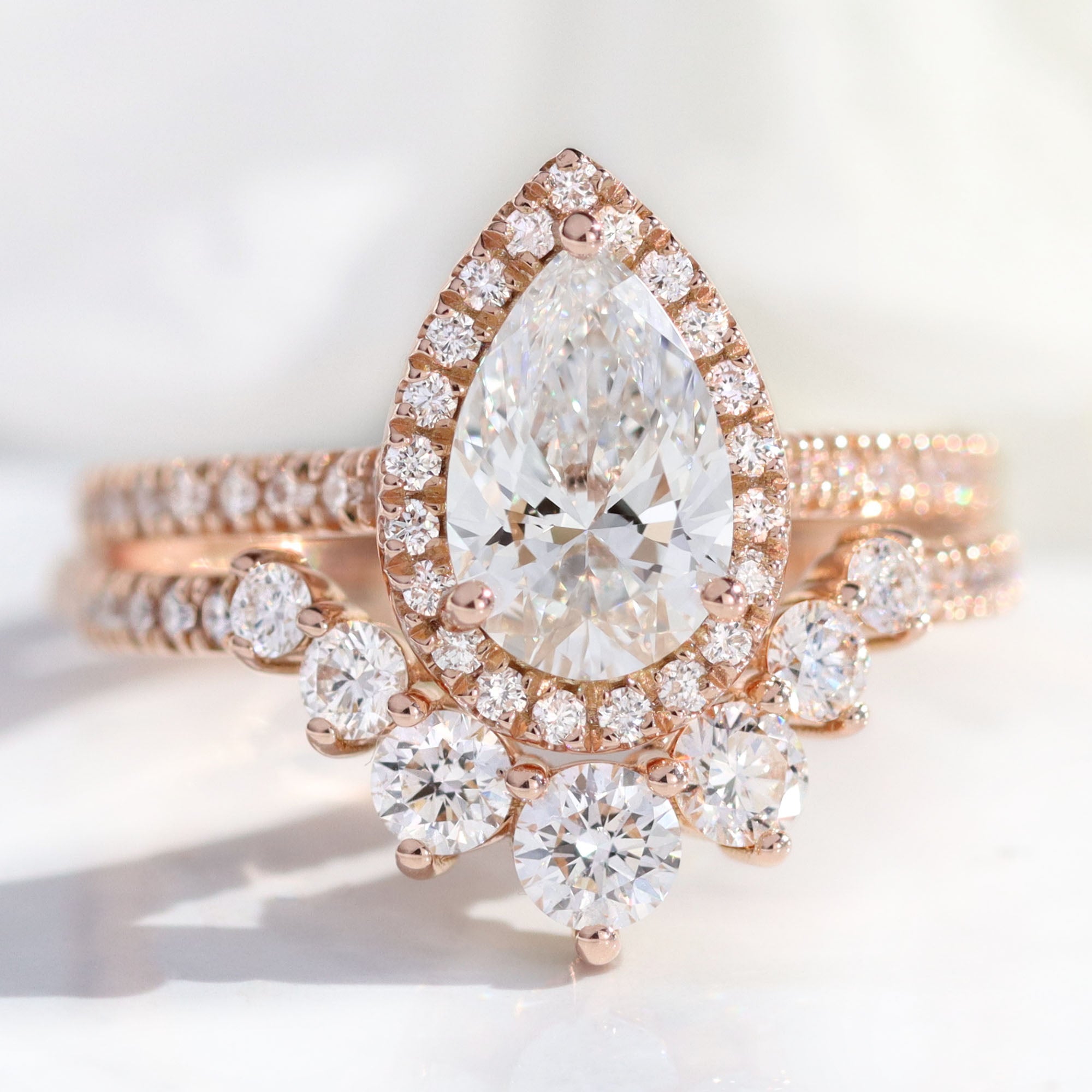 lab diamond ring bridal set rose gold pear diamond halo engagement ring La More Design Jewelry