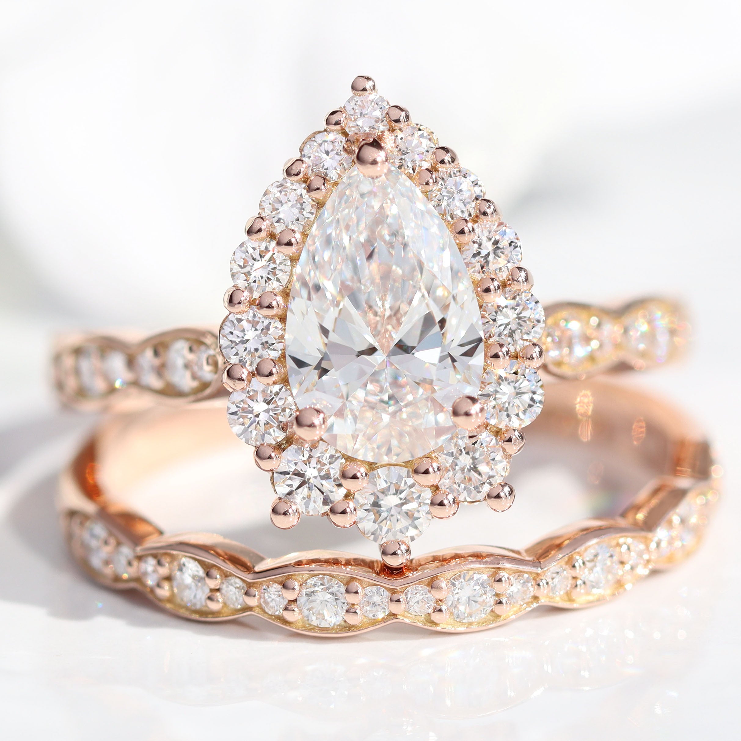 lab diamond ring bridal set rose gold pear diamond halo engagement ring La More Design Jewelry