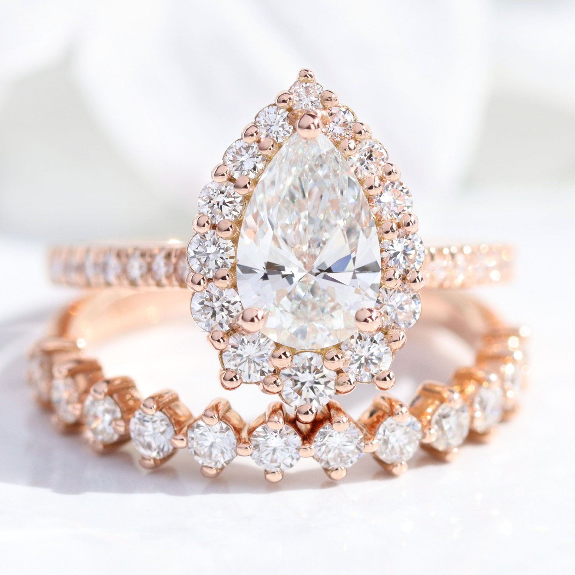 lab diamond ring bridal set rose gold pear diamond halo engagement ring La More Design Jewelry