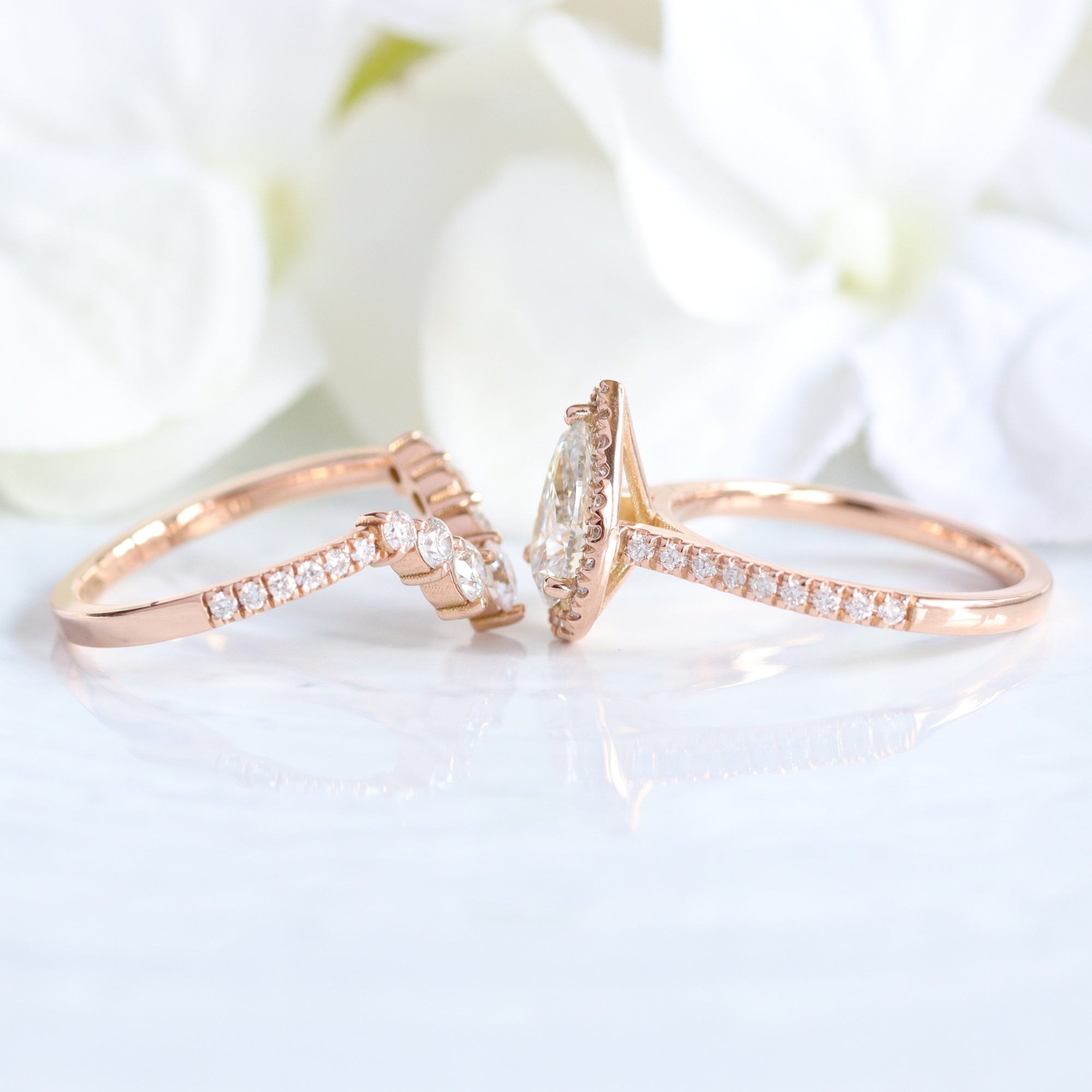 lab diamond ring bridal set rose gold pear diamond halo engagement ring La More Design Jewelry