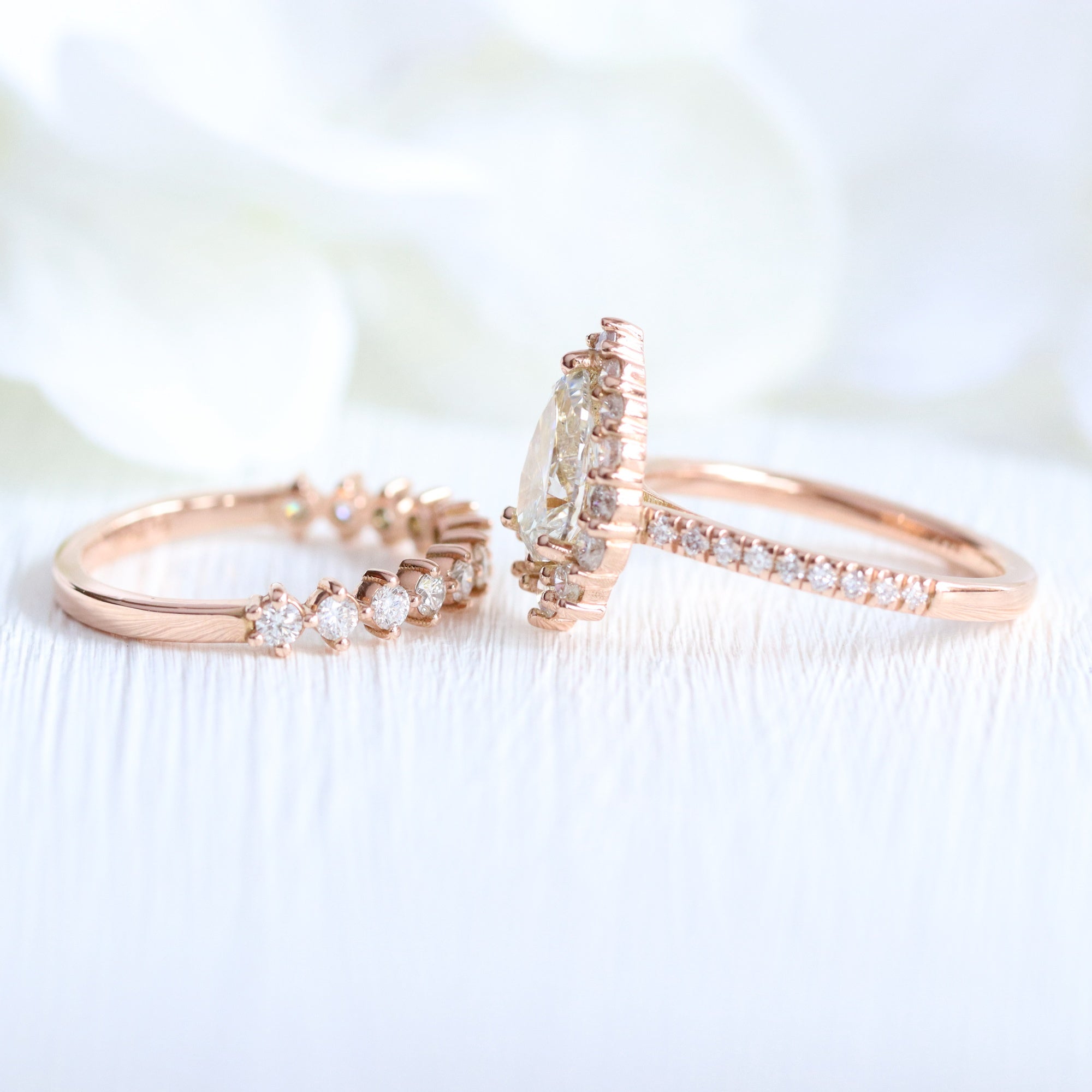 lab diamond ring bridal set rose gold pear diamond halo engagement ring La More Design Jewelry