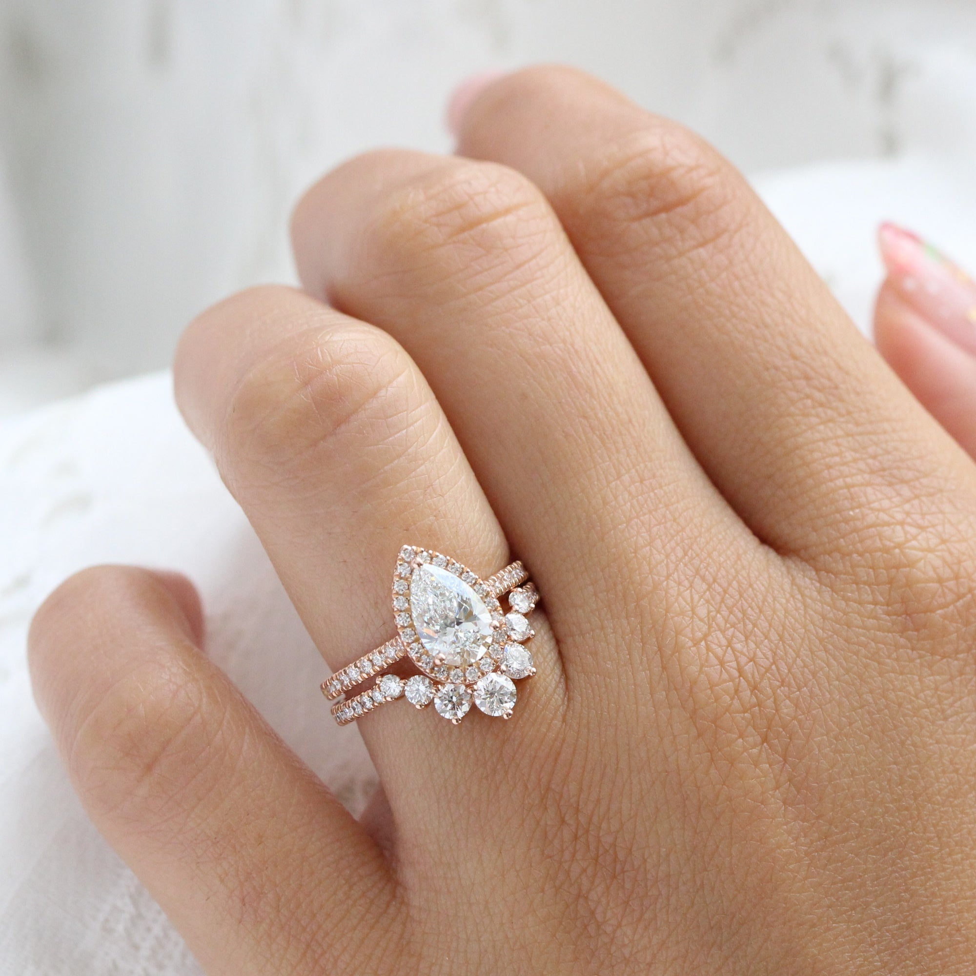 lab diamond ring bridal set rose gold pear diamond halo engagement ring La More Design Jewelry