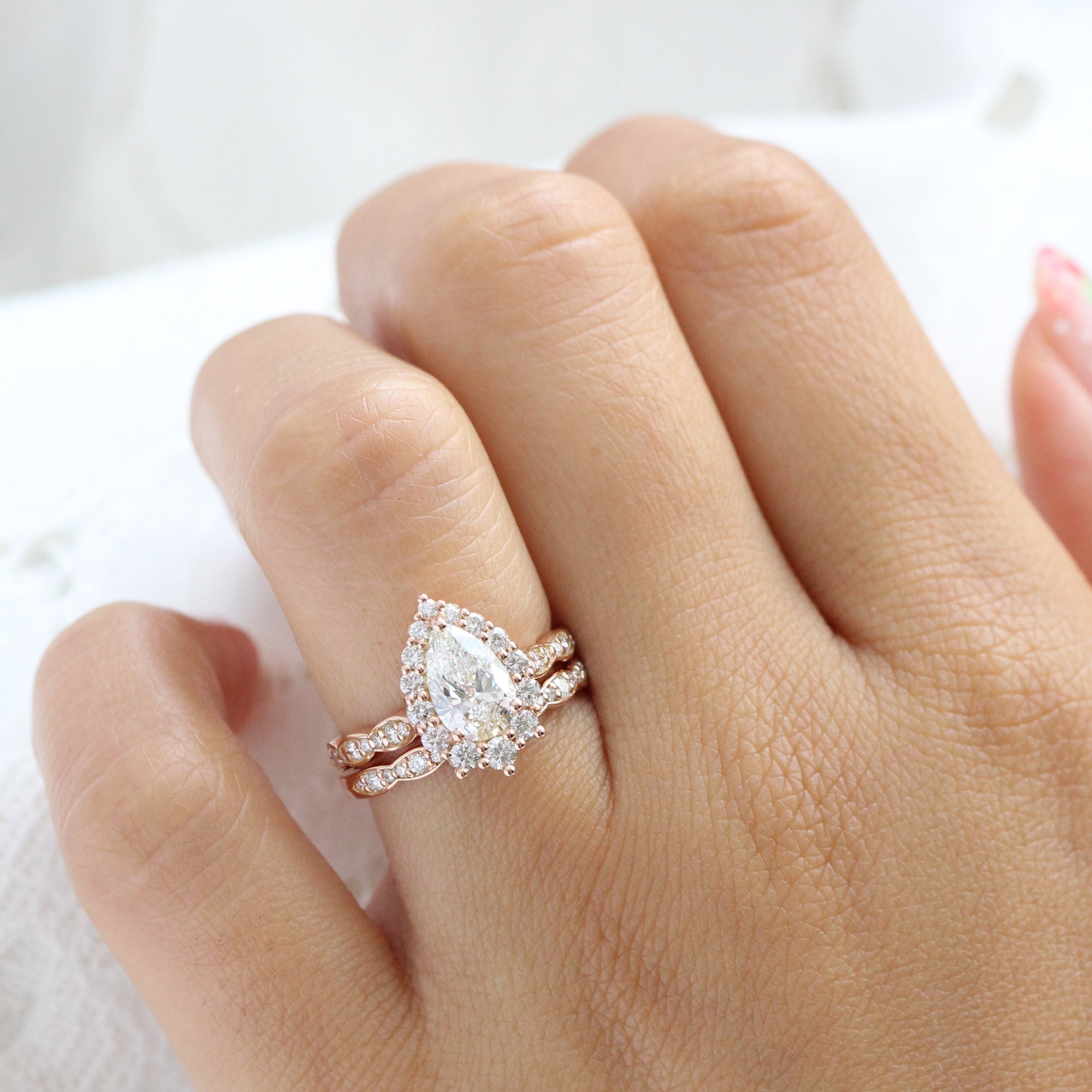 lab diamond ring bridal set rose gold pear diamond halo engagement ring La More Design Jewelry