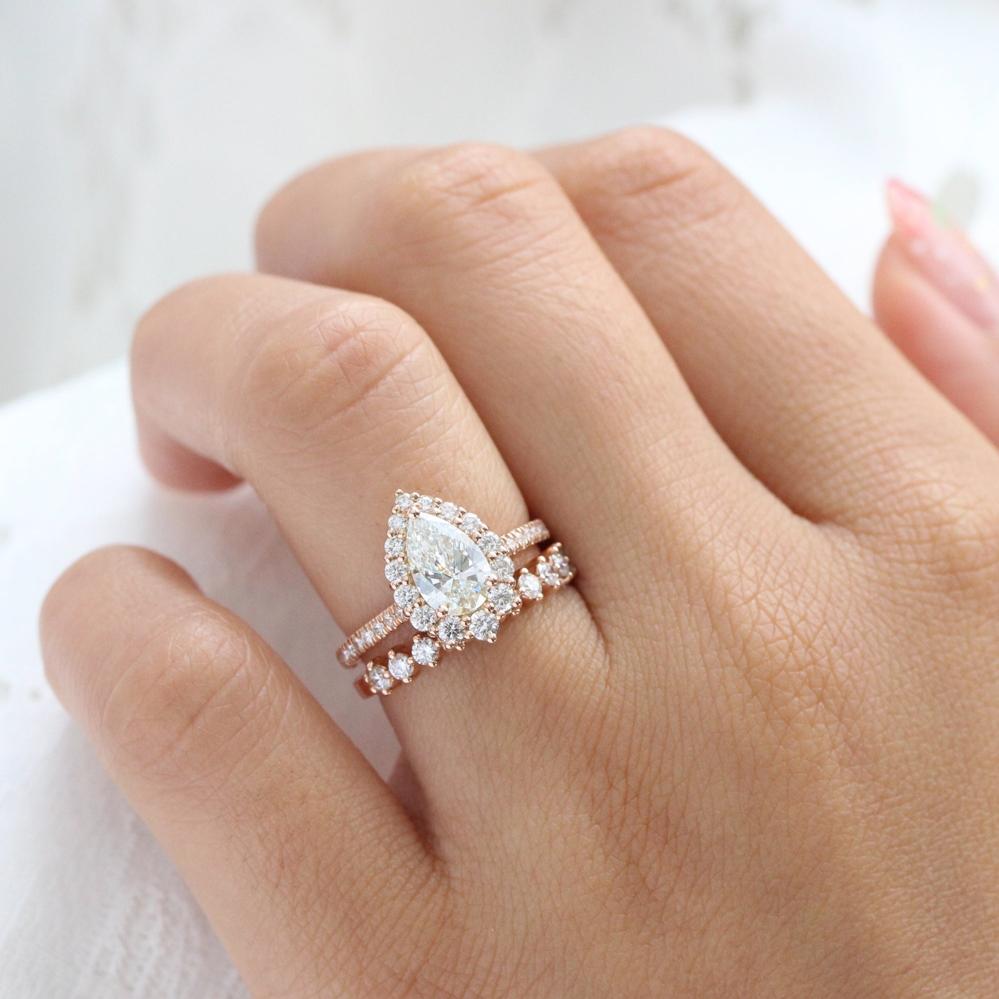 lab diamond ring bridal set rose gold pear diamond halo engagement ring La More Design Jewelry