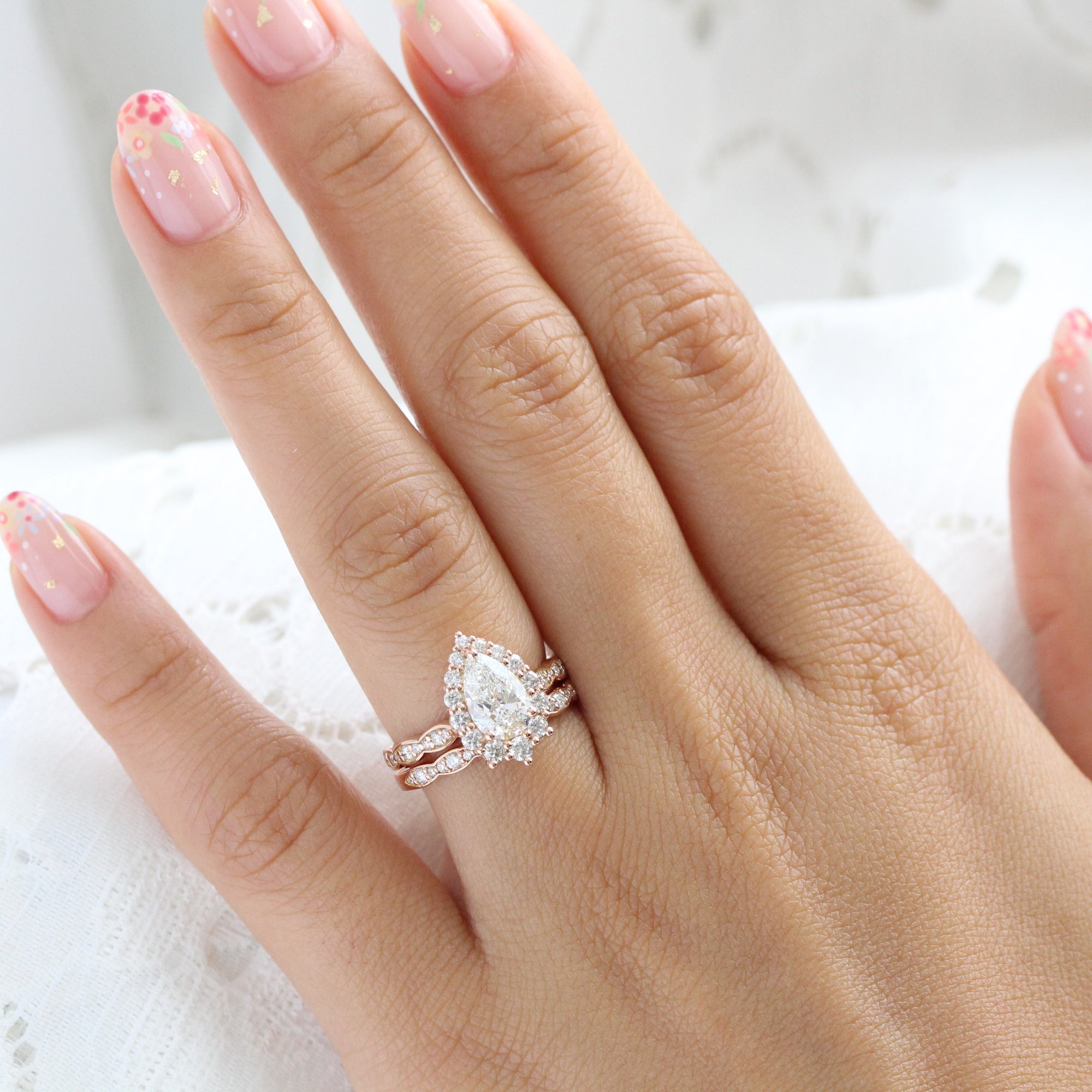 lab diamond ring bridal set rose gold pear diamond halo engagement ring La More Design Jewelry