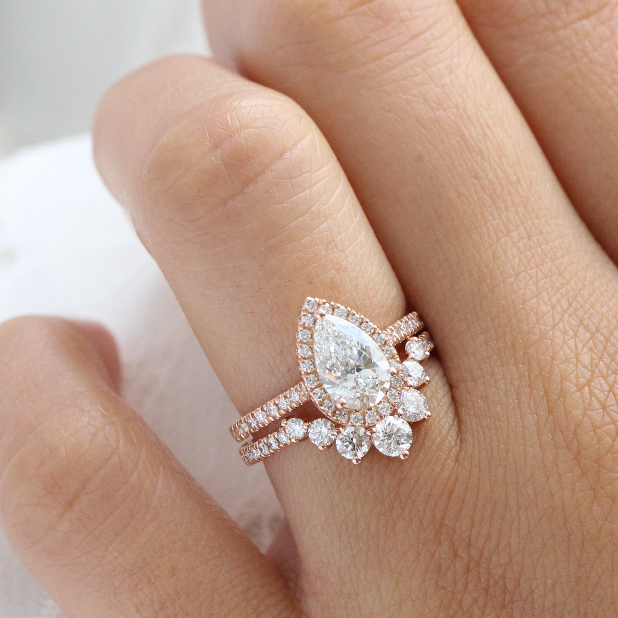 lab diamond ring bridal set rose gold pear diamond halo engagement ring La More Design Jewelry