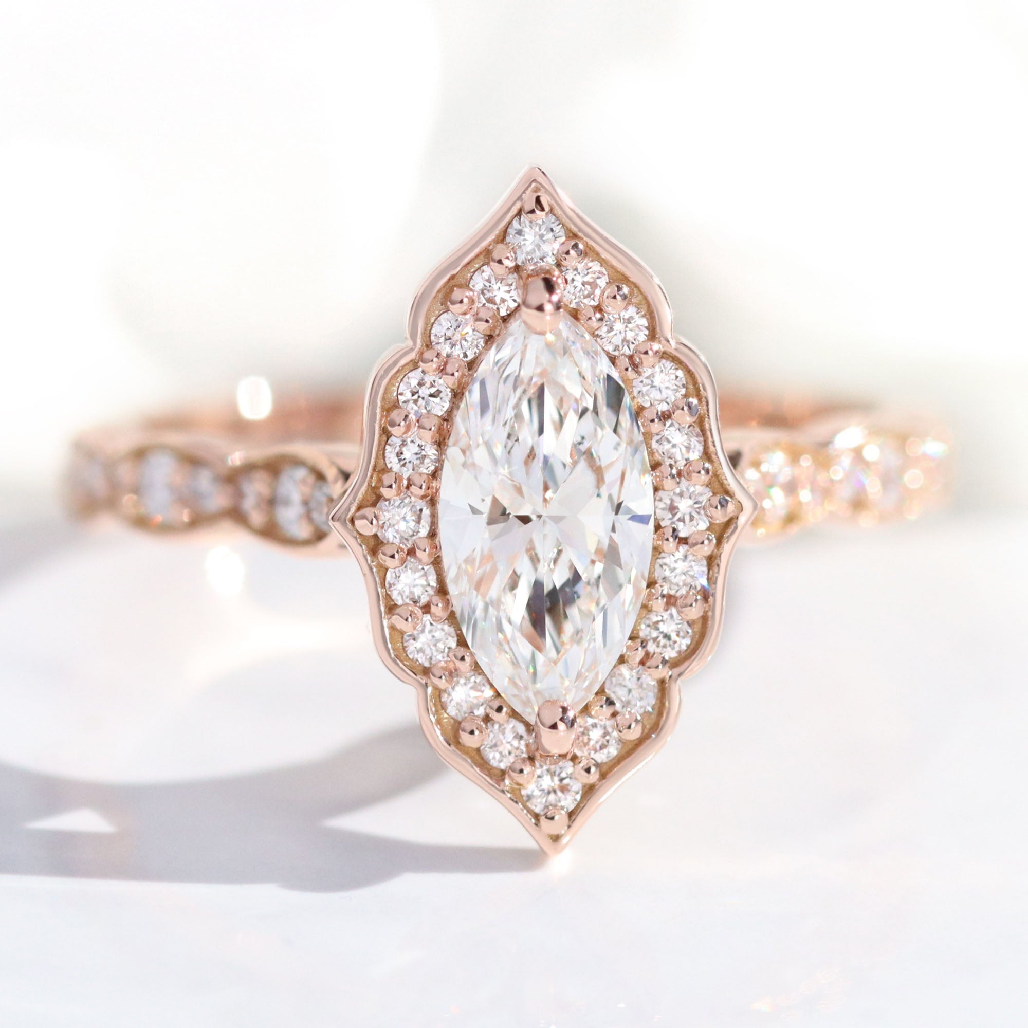 lab diamond ring rose gold halo marquise diamond engagement ring La More Design Jewelry