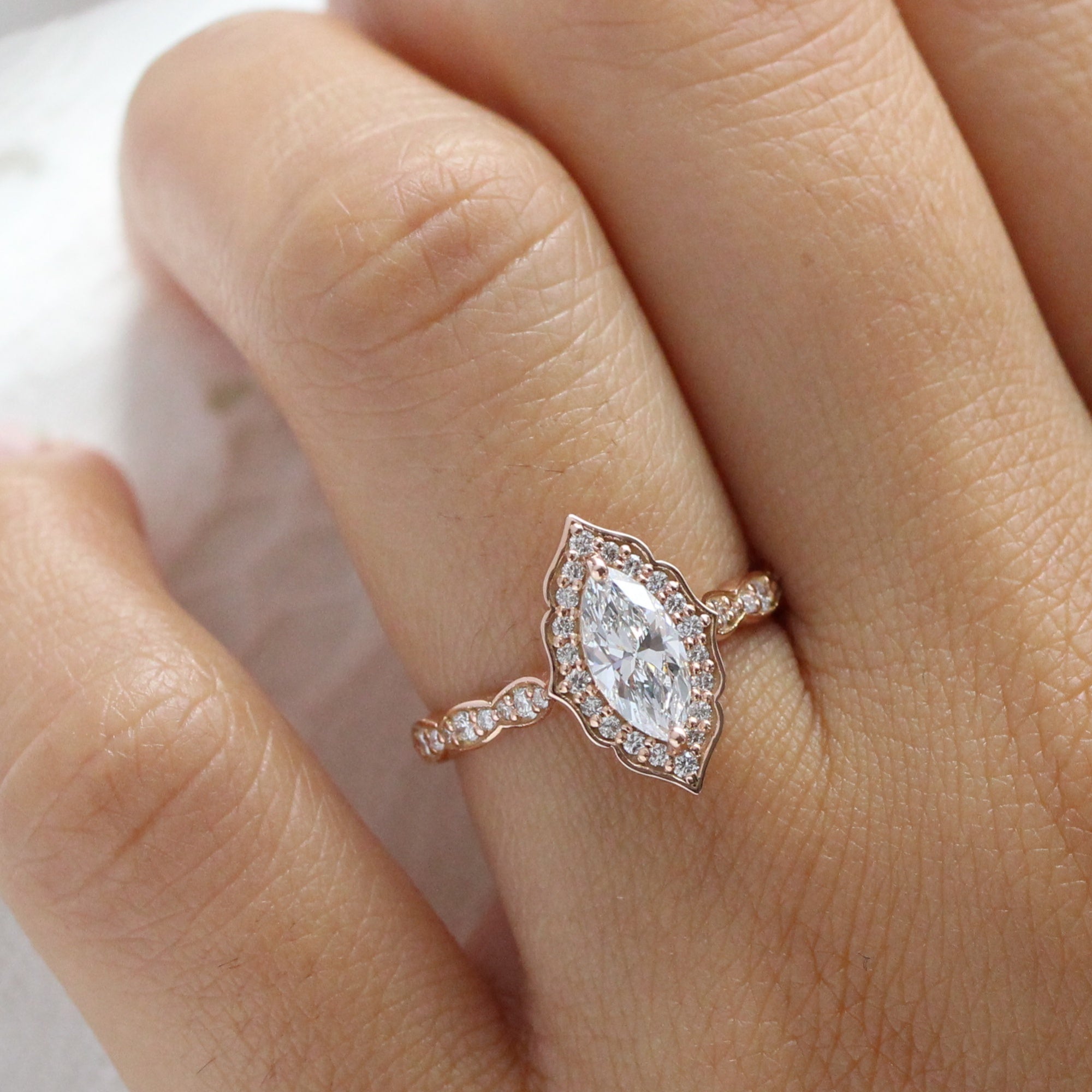 lab diamond ring rose gold halo marquise diamond engagement ring La More Design Jewelry