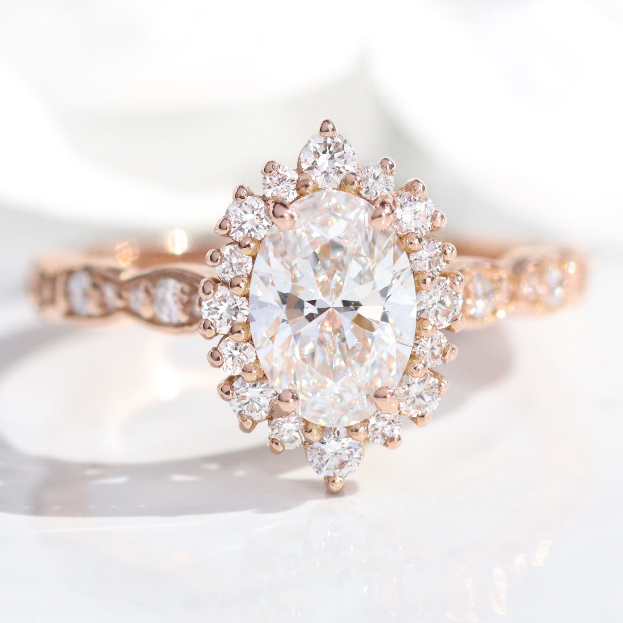 lab diamond ring stack rose gold oval diamond halo engagement ring set La More Design Jewelry