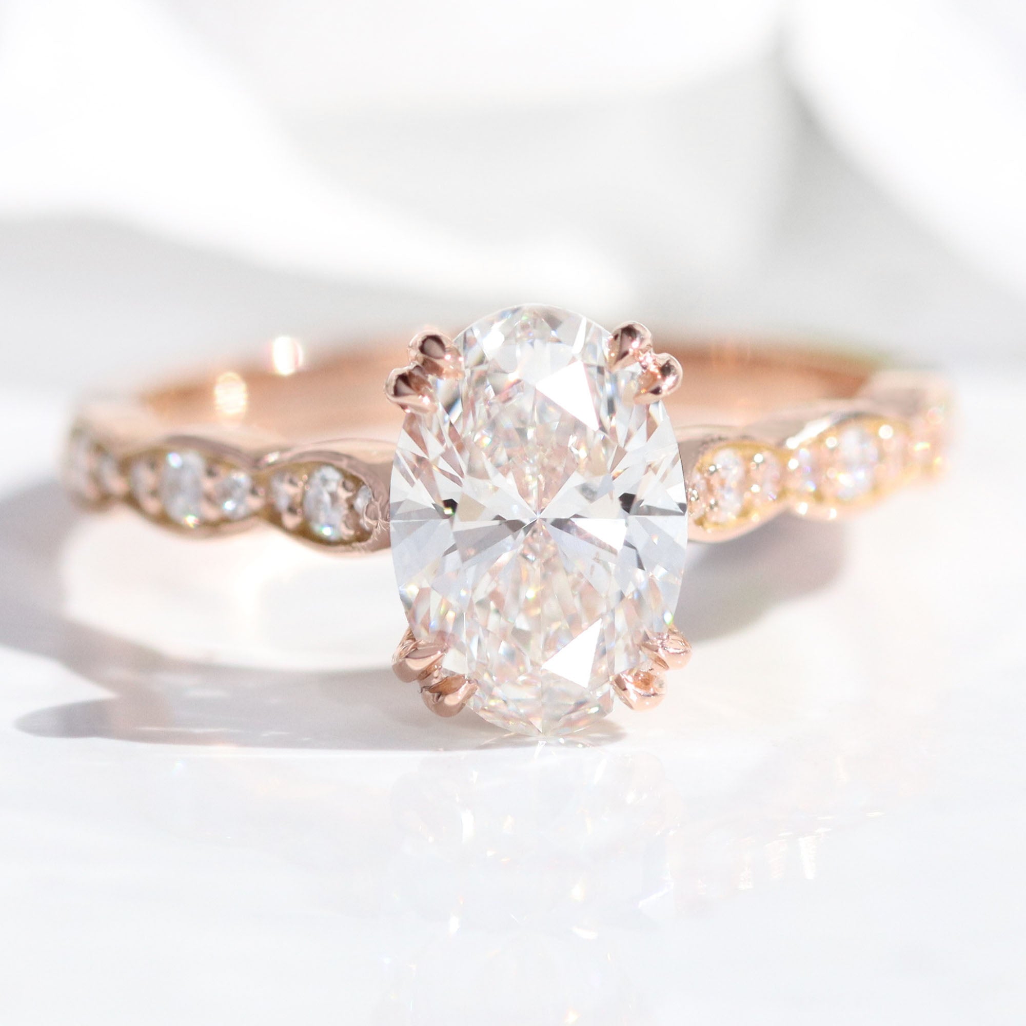 Oval Lab Diamond Solitaire Engagement Ring Rose Gold Scalloped Band