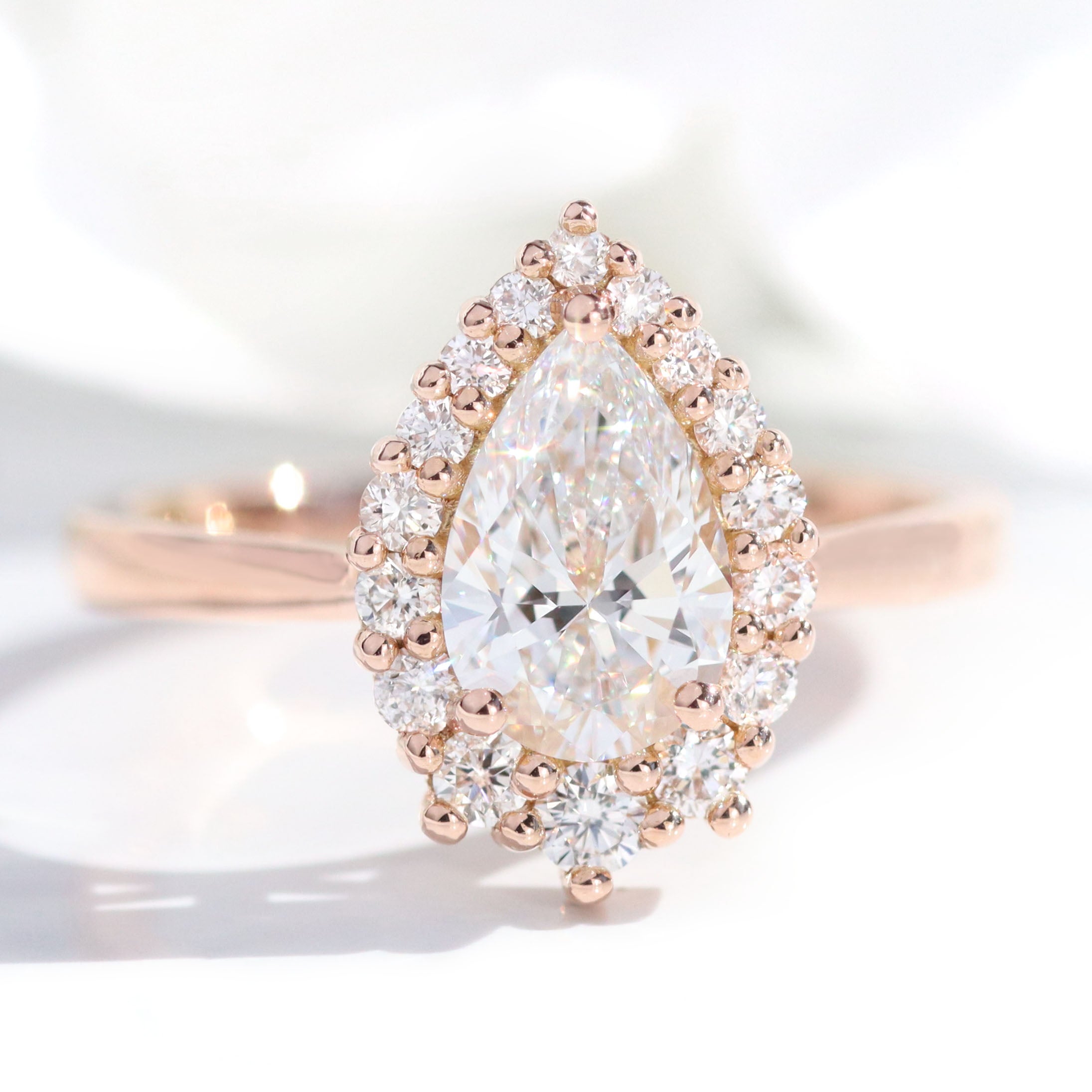 lab diamond ring rose gold pear diamond halo engagement ring La More Design Jewelry