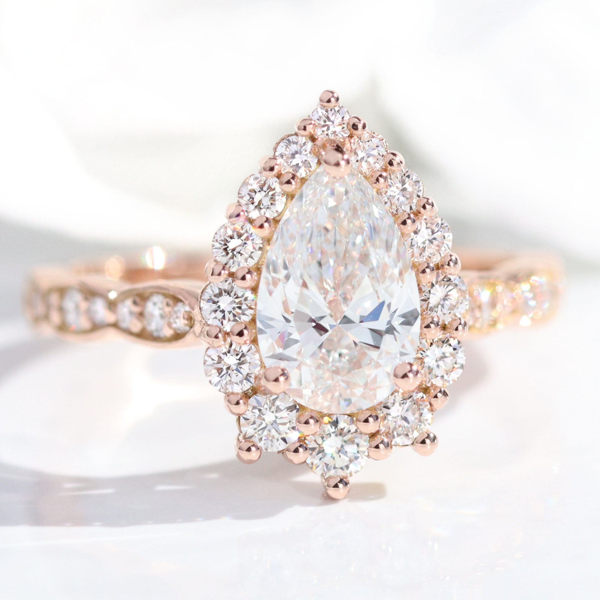 lab diamond ring stack rose gold pear diamond halo engagement ring set La More Design Jewelry