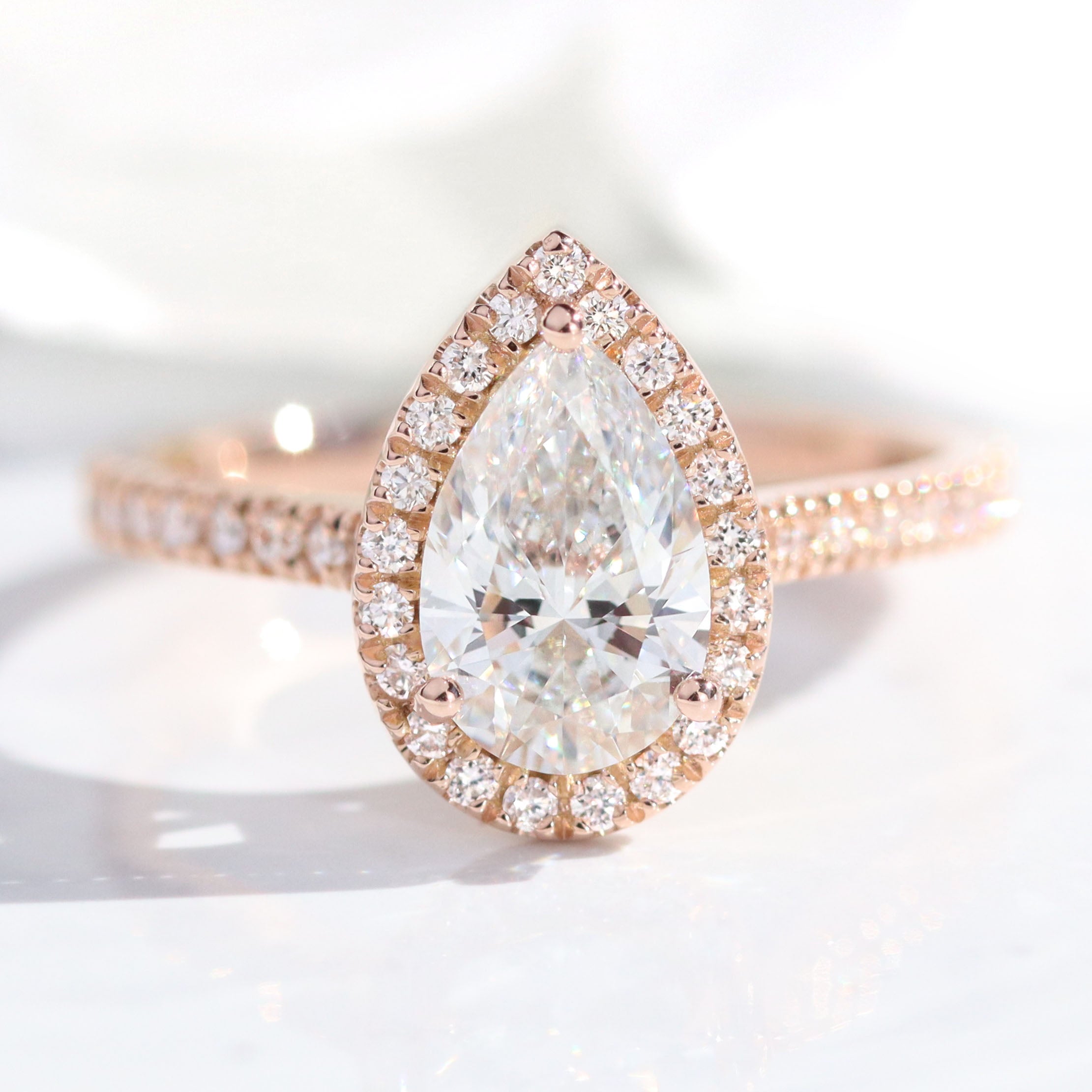 lab diamond ring rose gold pear diamond halo engagement ring La More Design Jewelry