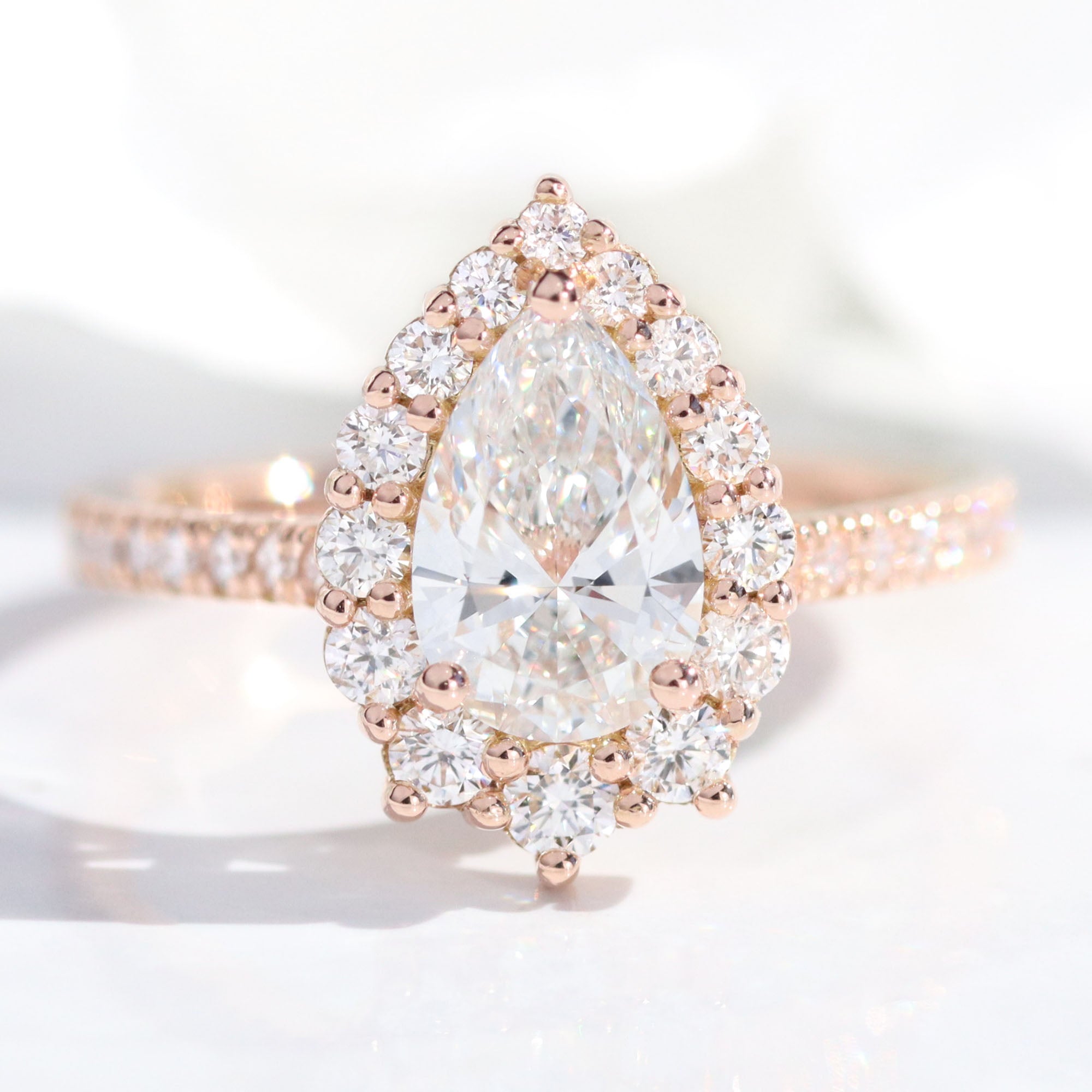 lab diamond ring stack rose gold pear diamond halo engagement ring set La More Design Jewelry