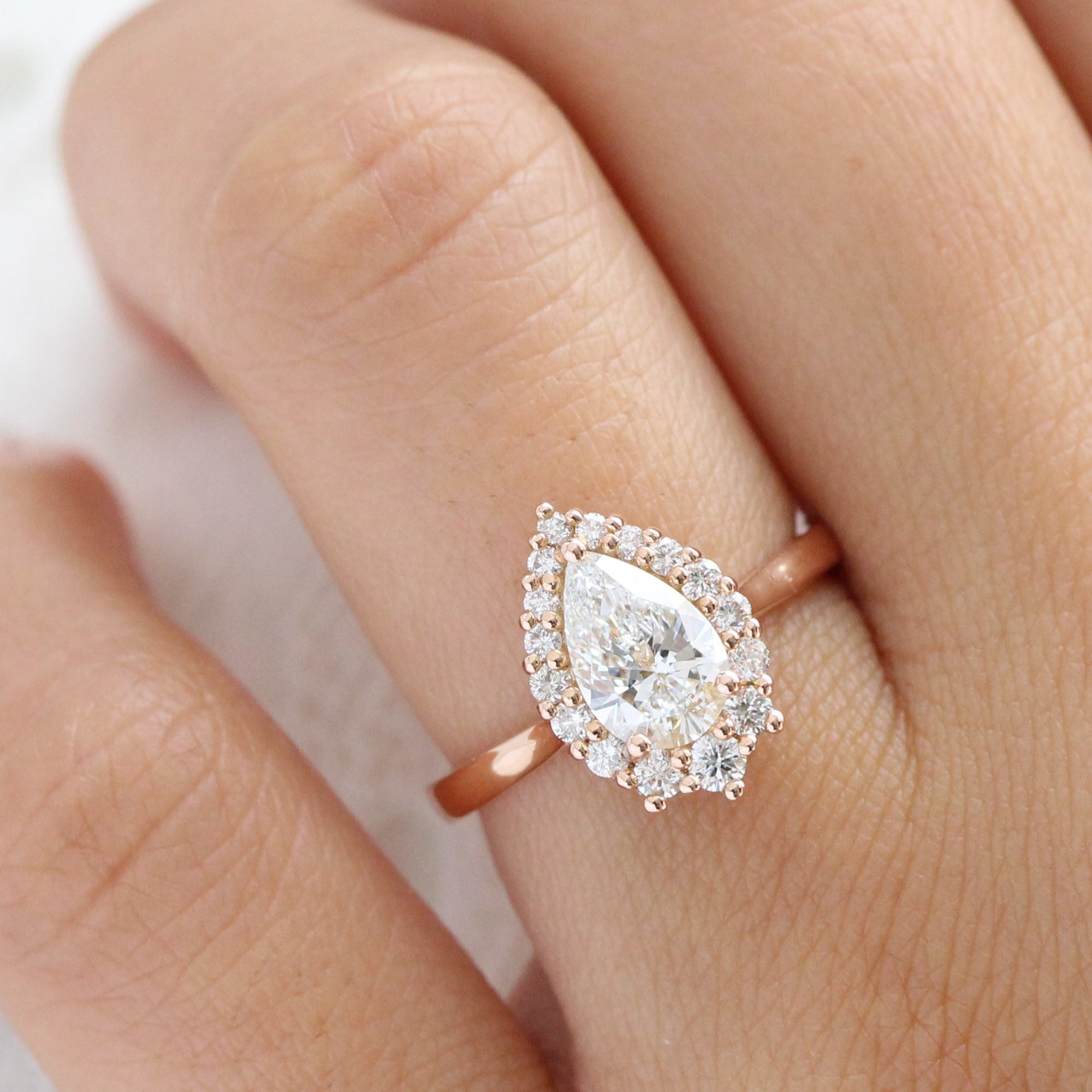 lab diamond ring rose gold pear diamond halo engagement ring La More Design Jewelry