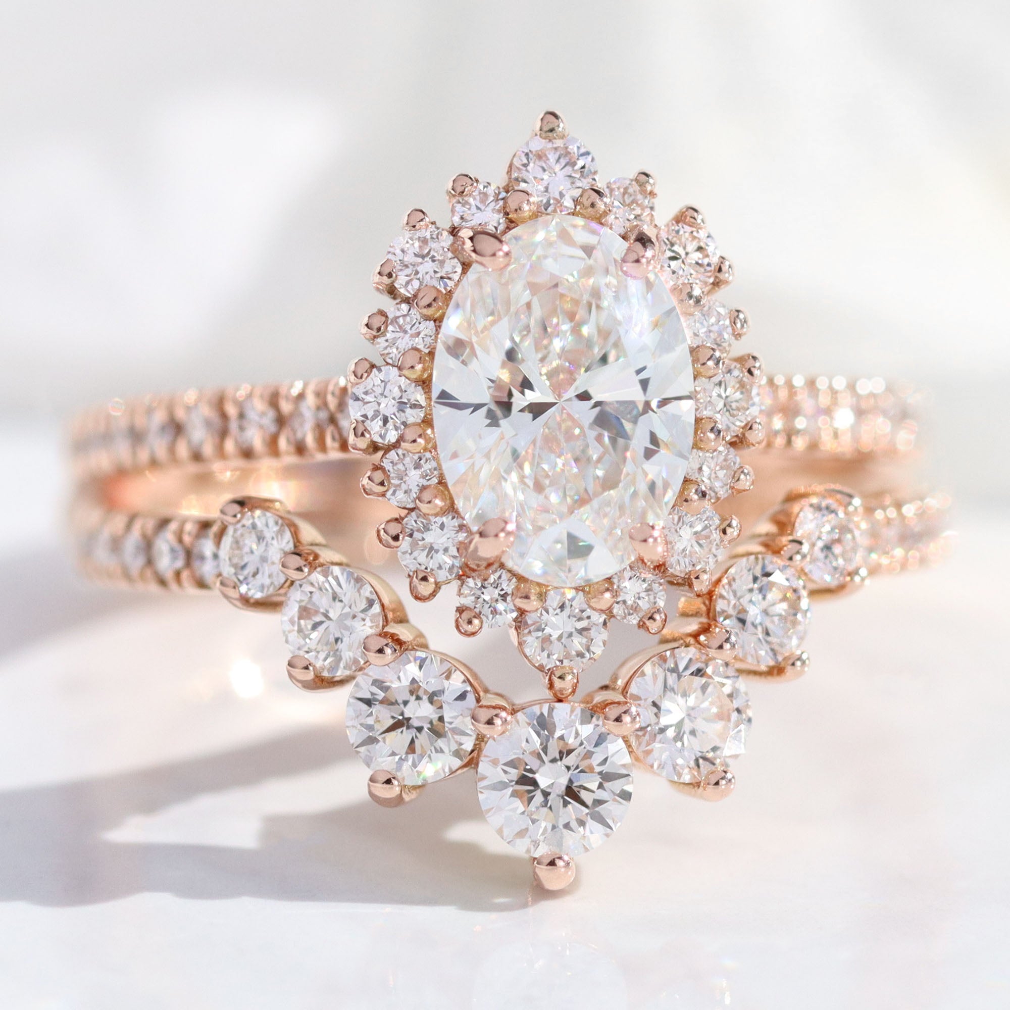 lab diamond ring stack rose gold halo oval diamond engagement ring set La More Design Jewelry