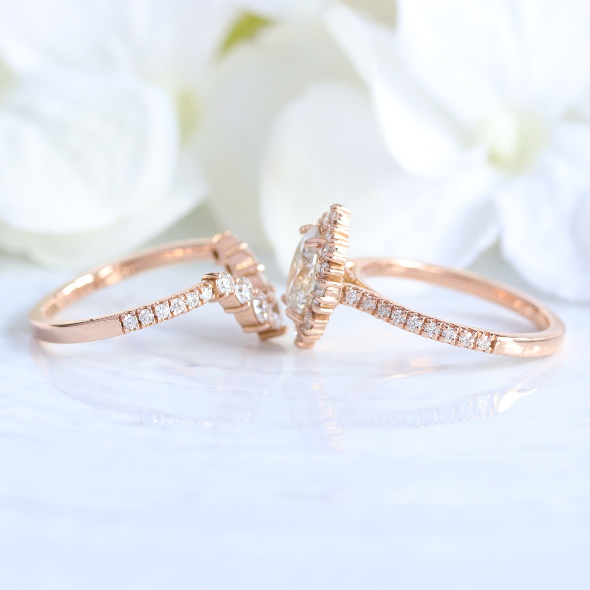 lab diamond ring stack rose gold halo oval diamond engagement ring set La More Design Jewelry