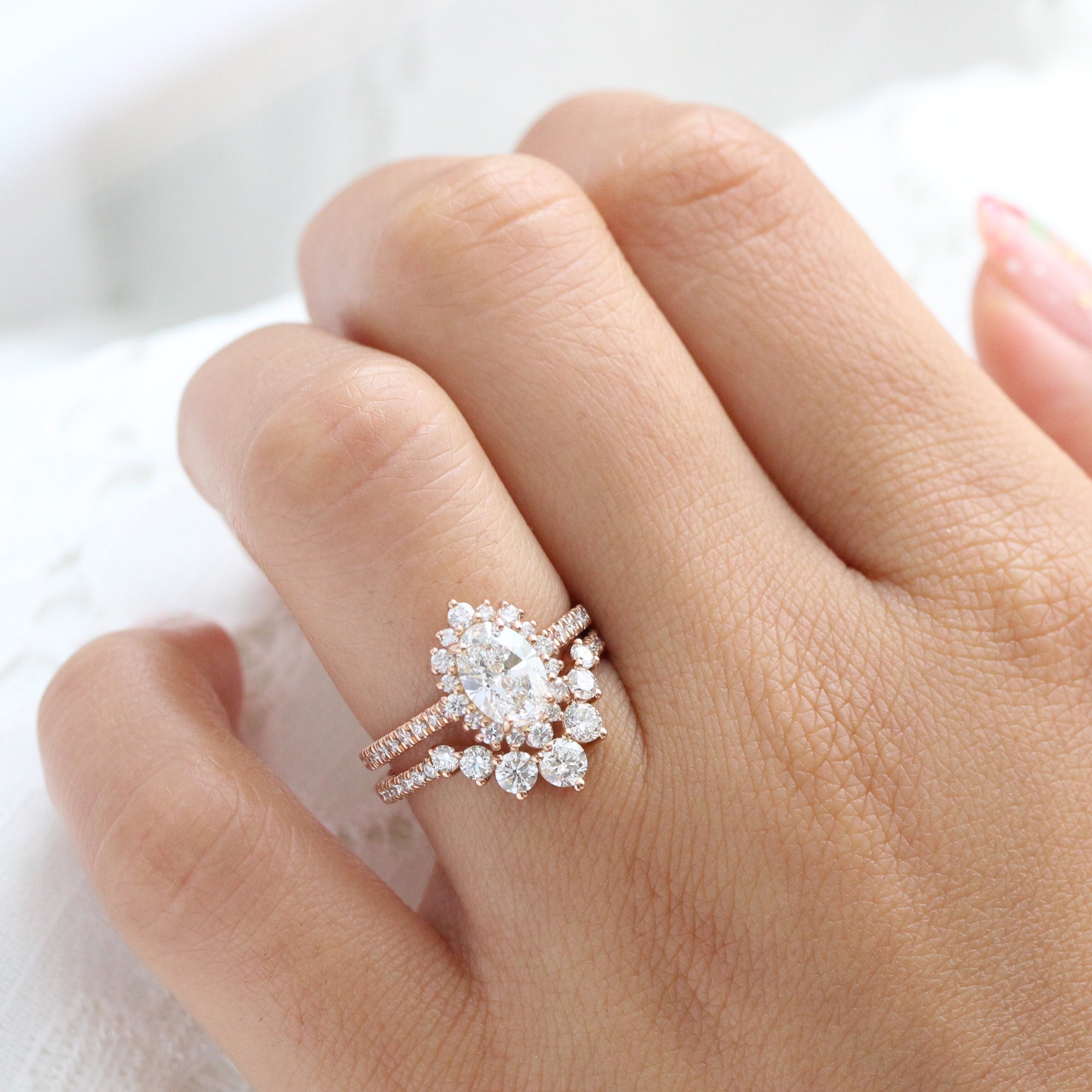 lab diamond ring stack rose gold halo oval diamond engagement ring set La More Design Jewelry