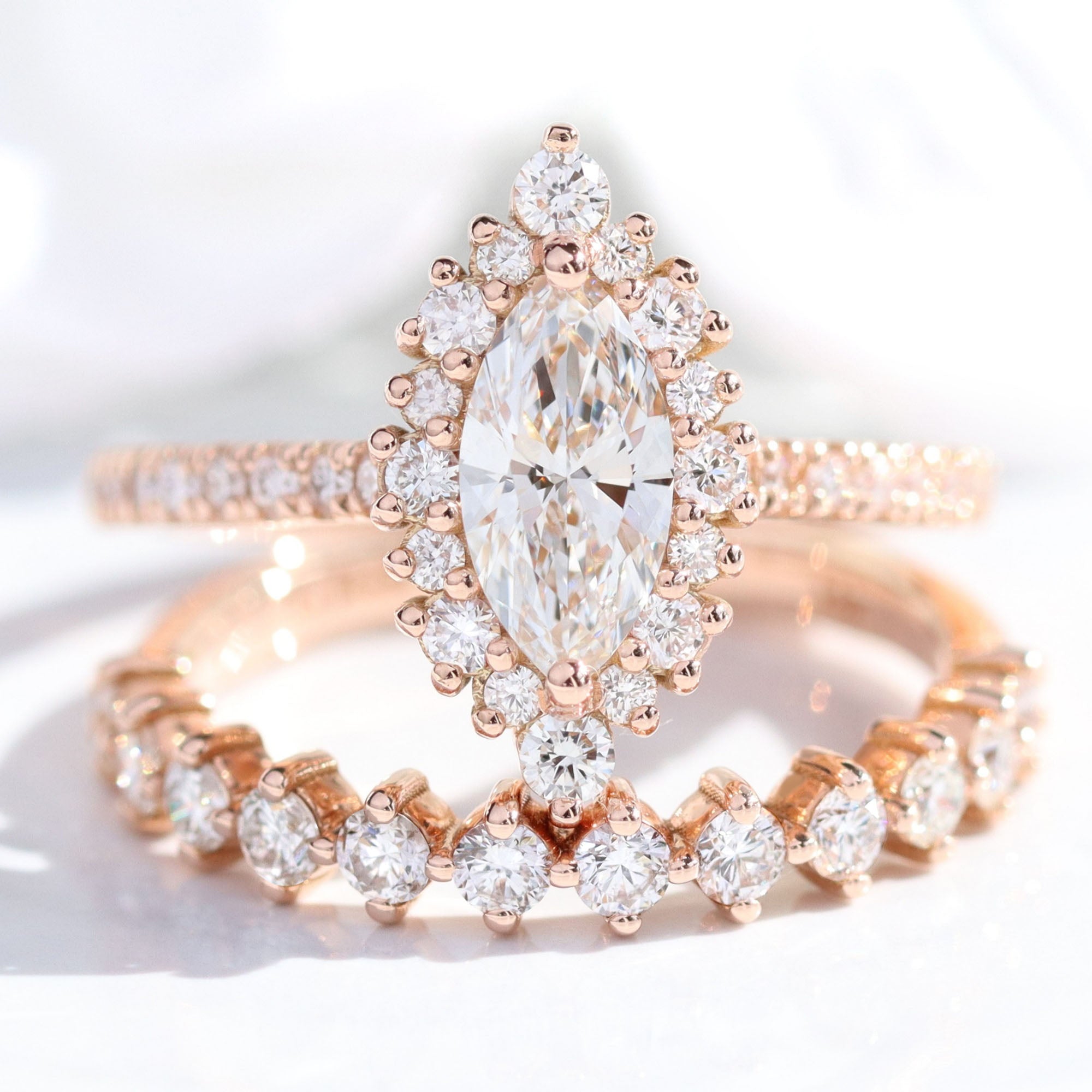 lab diamond ring bridal set rose gold marquise diamond halo engagement ring La More Design Jewelry