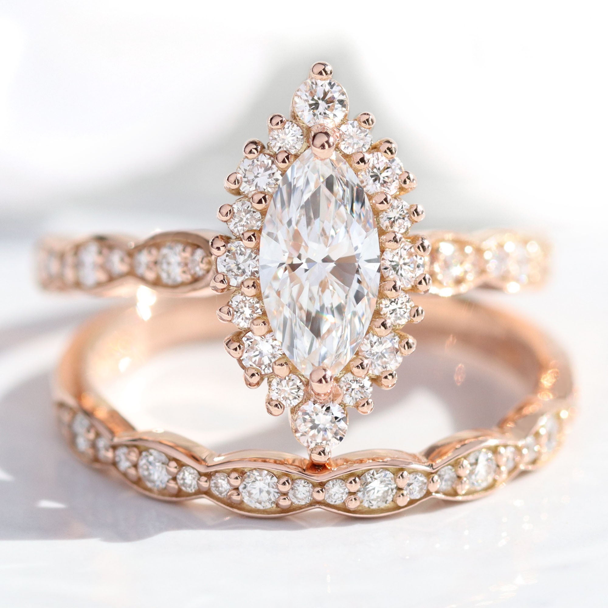 lab diamond ring stack rose gold marquise diamond halo engagement ring set La More Design Jewelry