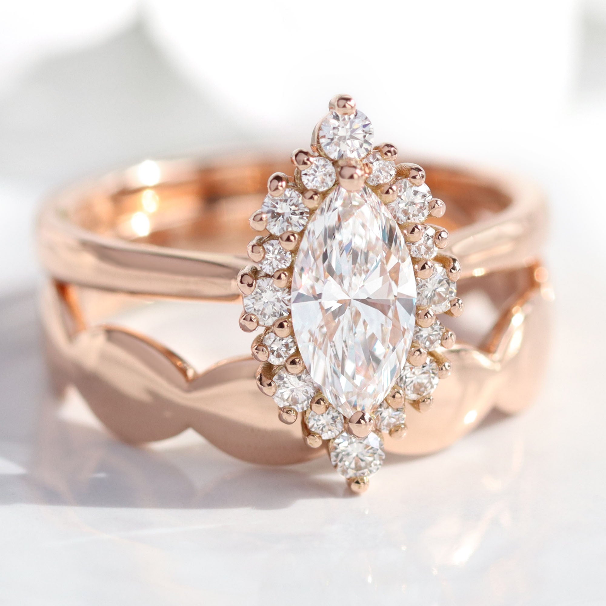 lab diamond ring stack rose gold marquise diamond halo engagement ring set La More Design Jewelry