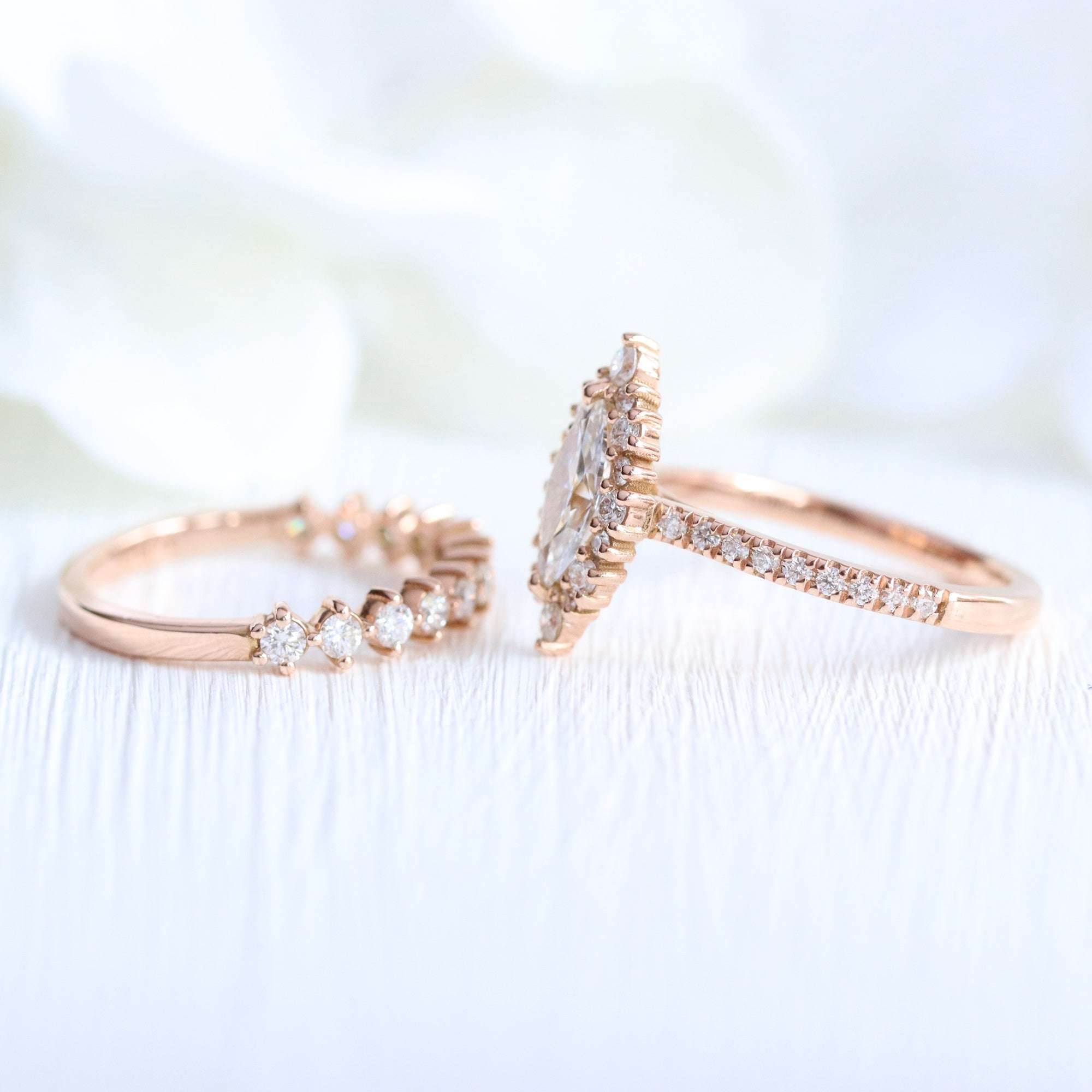 lab diamond ring stack rose gold marquise diamond halo engagement ring set La More Design Jewelry