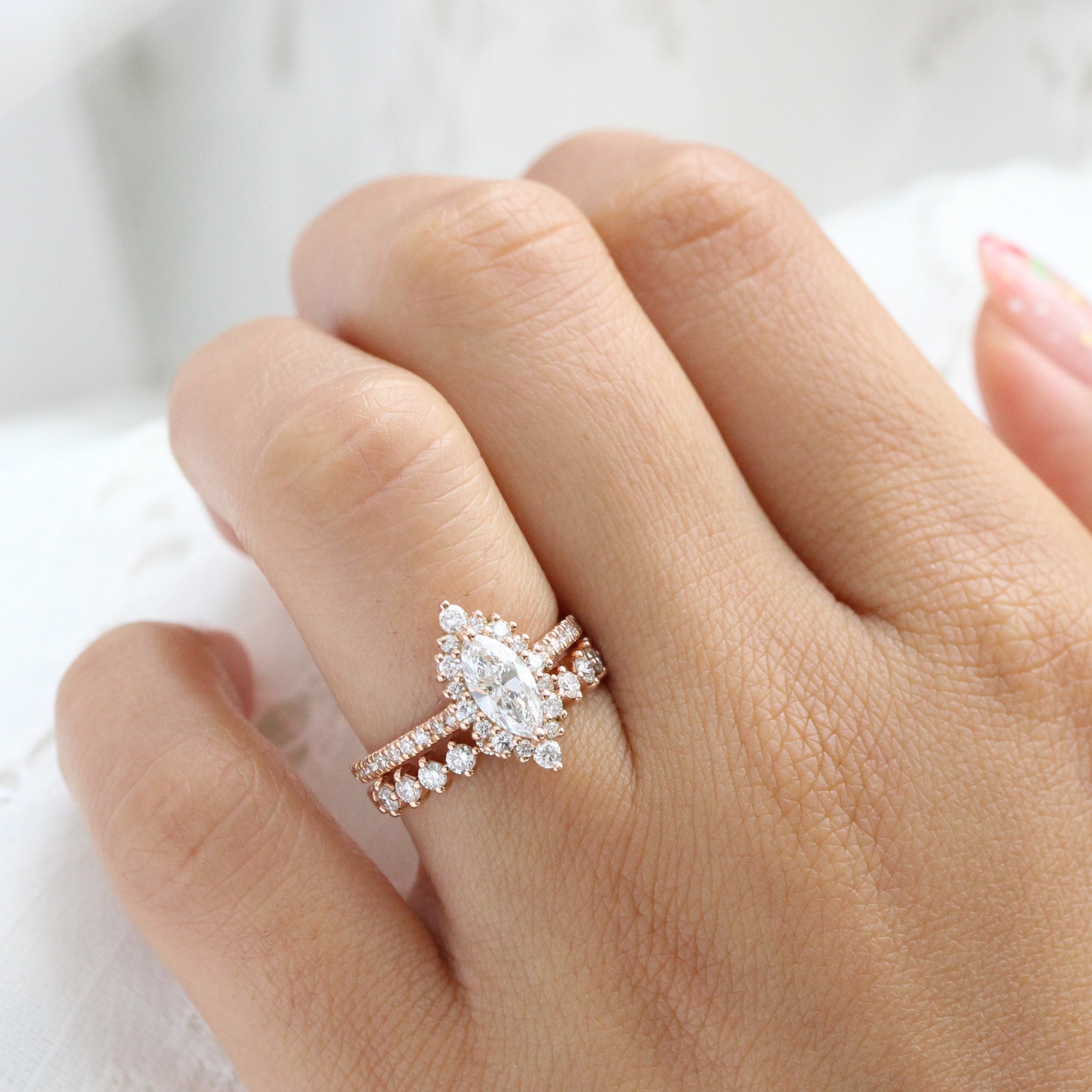 lab diamond ring stack rose gold marquise diamond halo engagement ring set La More Design Jewelry