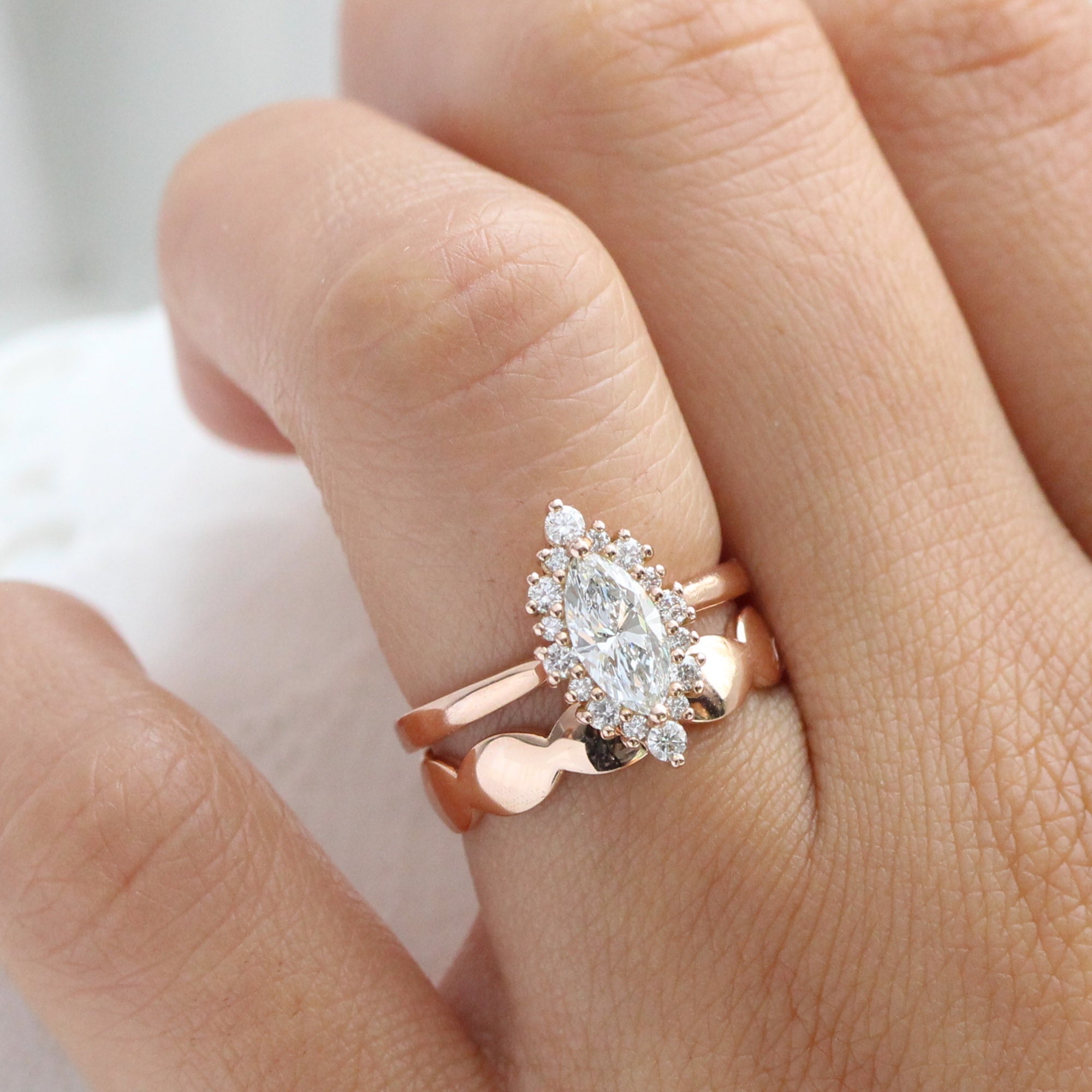 lab diamond ring stack rose gold marquise diamond halo engagement ring set La More Design Jewelry