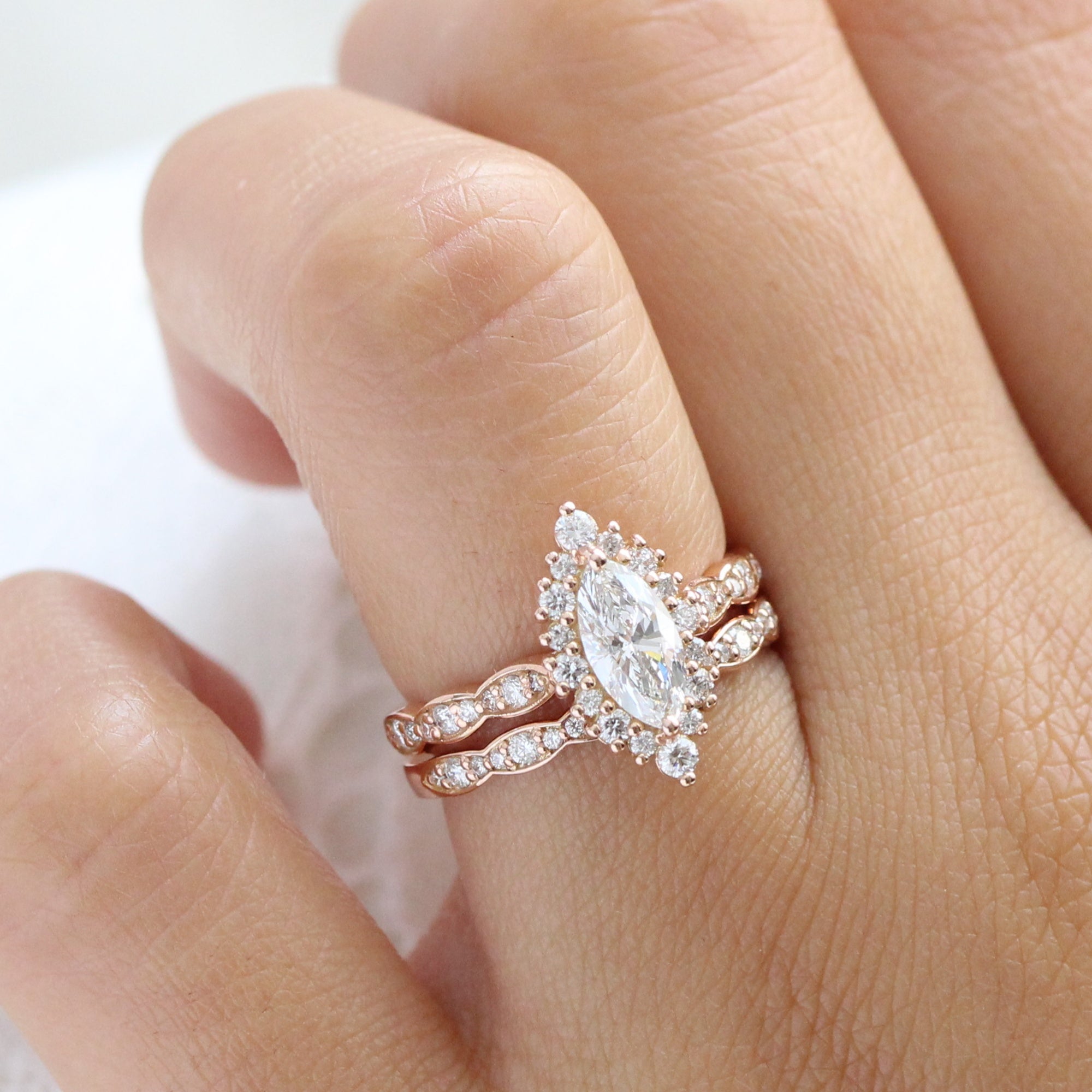 lab diamond ring stack rose gold marquise diamond halo engagement ring set La More Design Jewelry