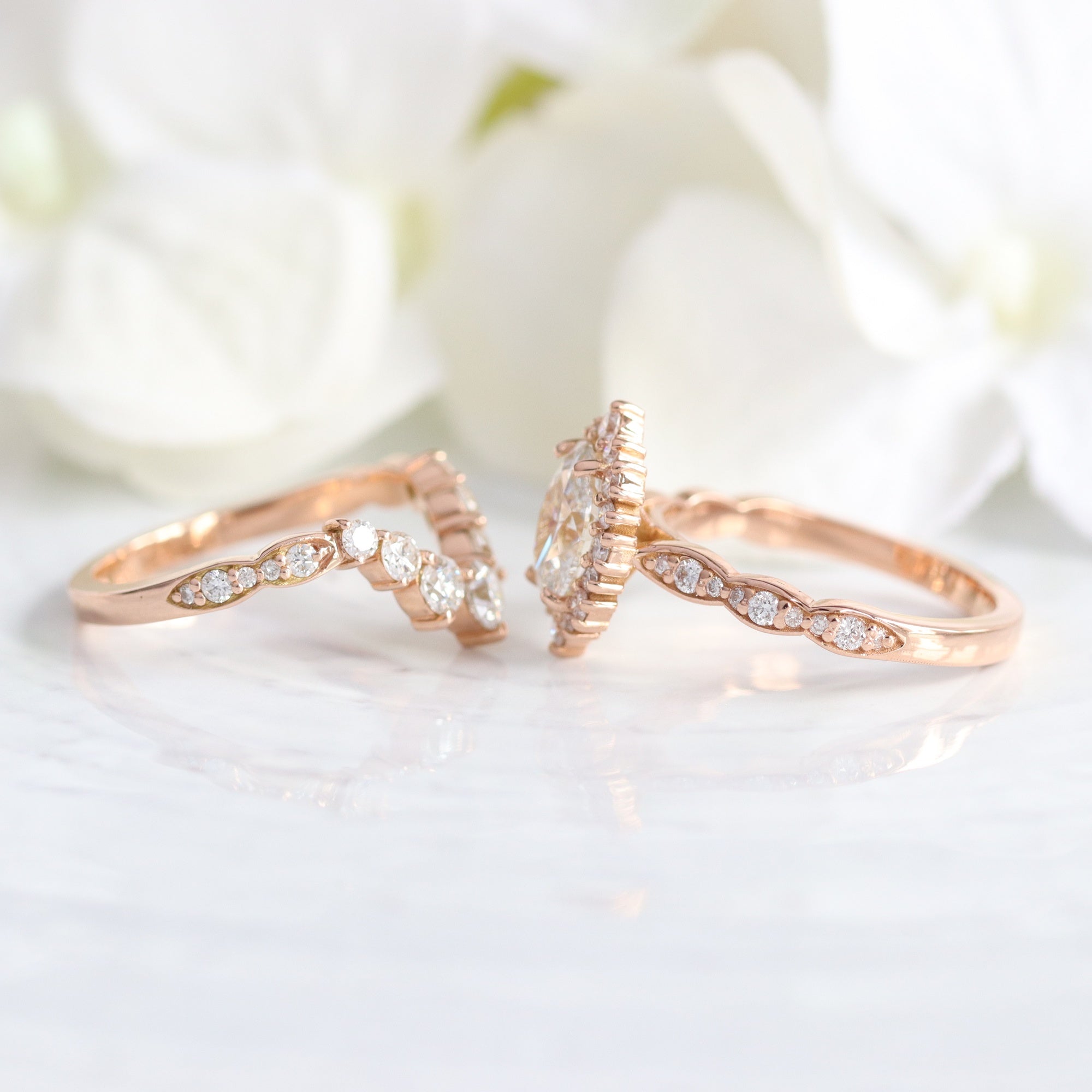 lab diamond ring stack rose gold oval diamond halo engagement ring set La More Design Jewelry