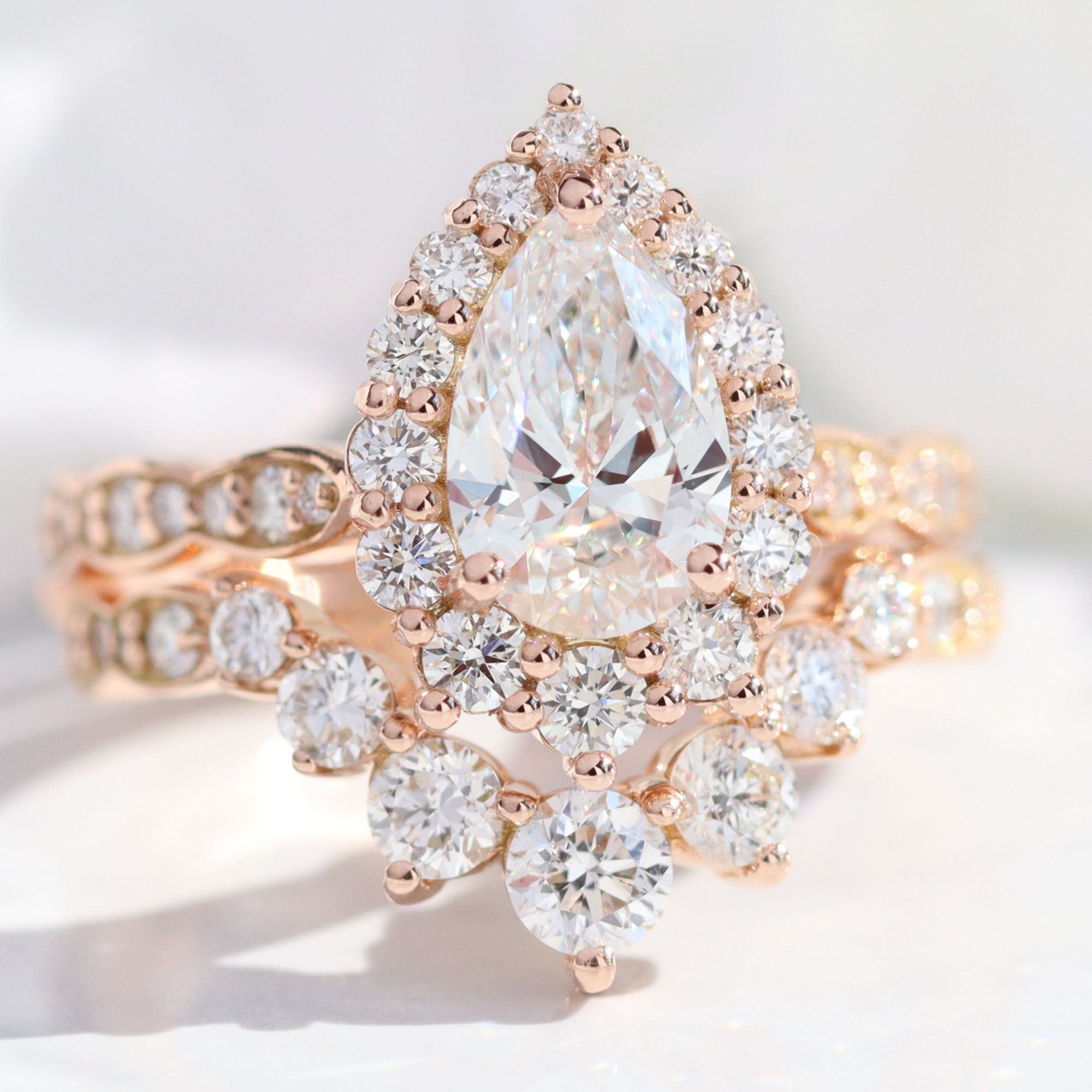 lab diamond ring stack rose gold pear diamond halo engagement ring set La More Design Jewelry