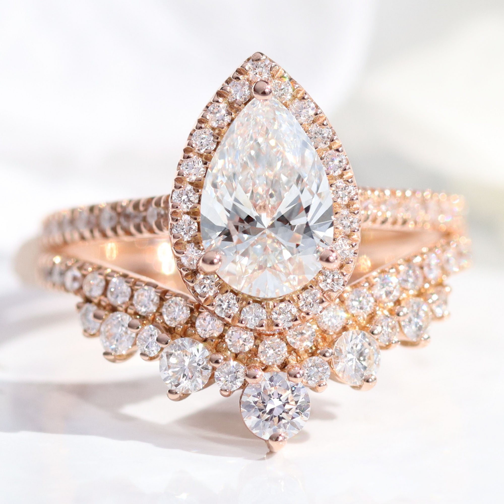 lab diamond ring stack rose gold pear diamond halo engagement ring set La More Design Jewelry