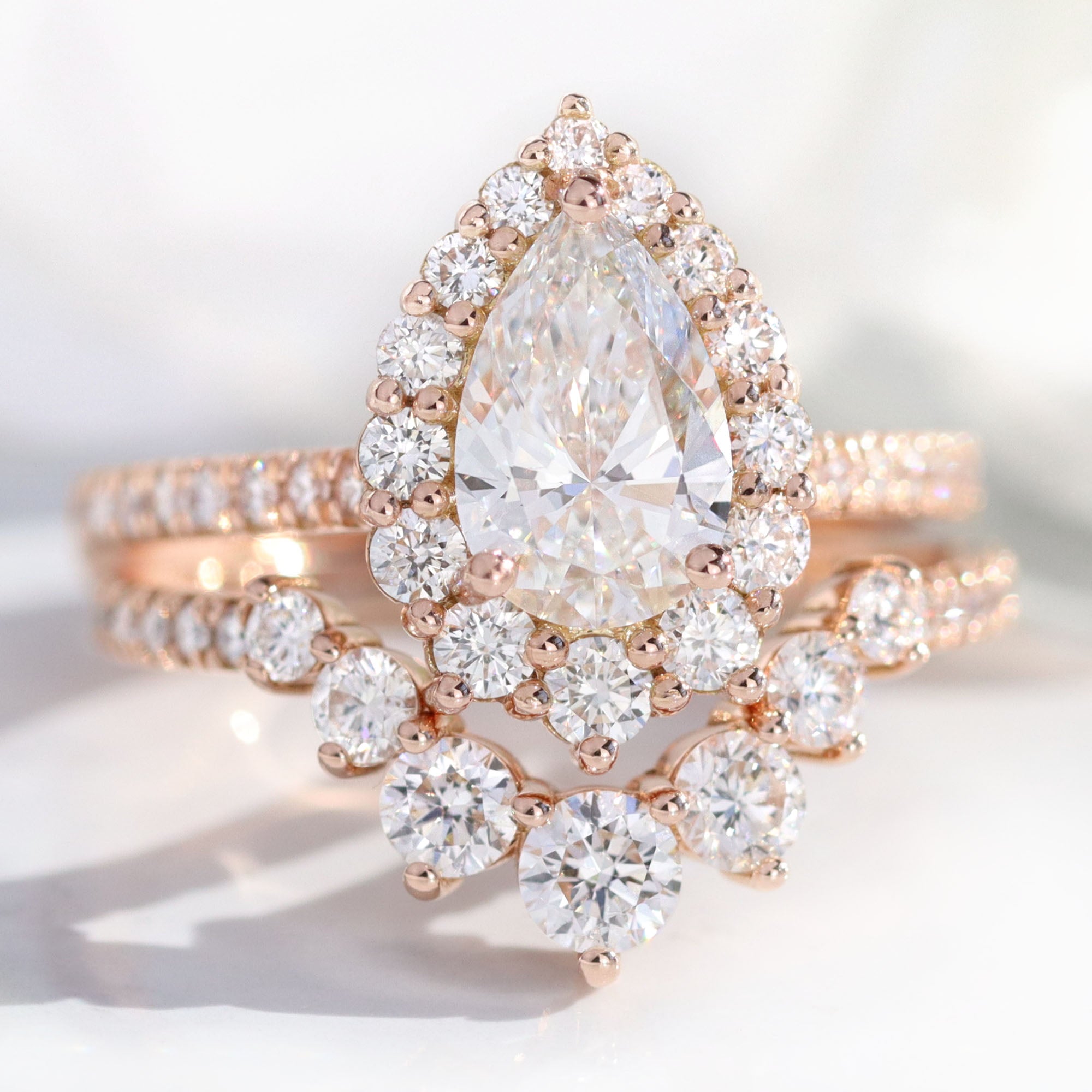 lab diamond ring stack rose gold pear diamond halo engagement ring set La More Design Jewelry