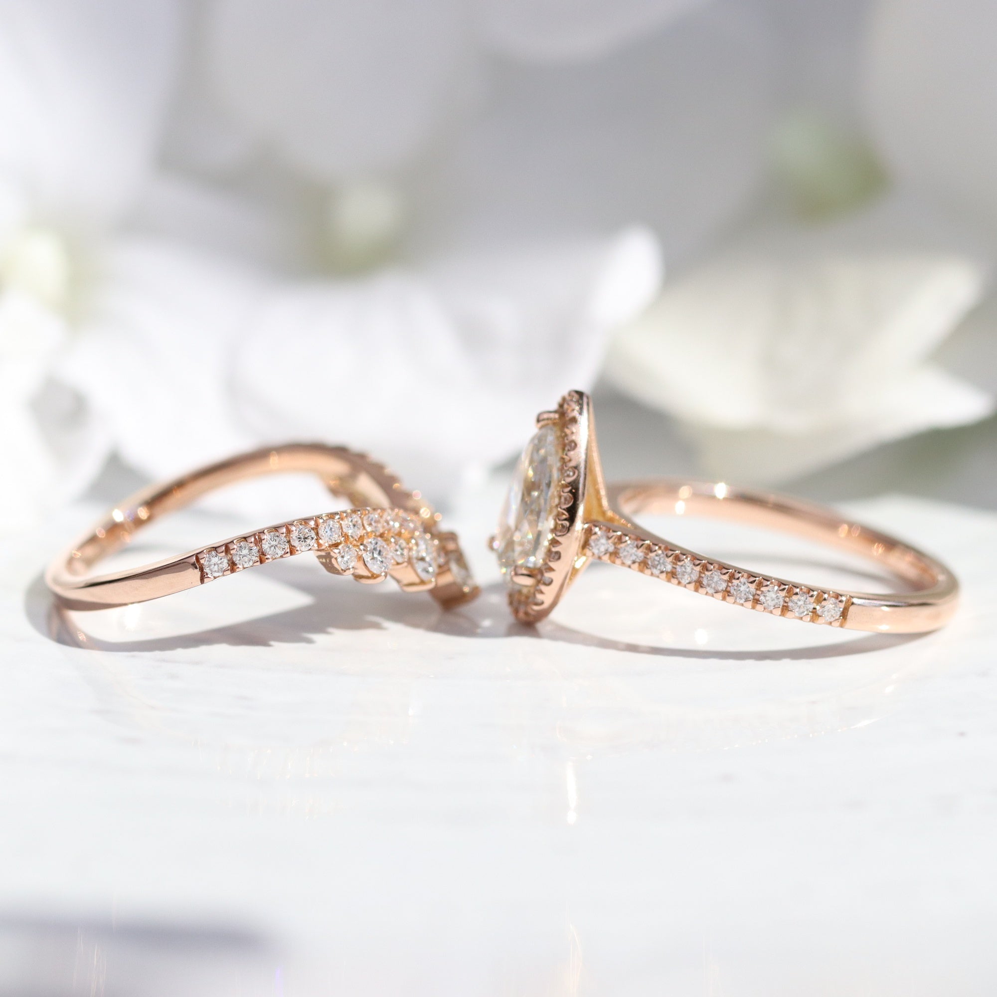 lab diamond ring stack rose gold pear diamond halo engagement ring set La More Design Jewelry