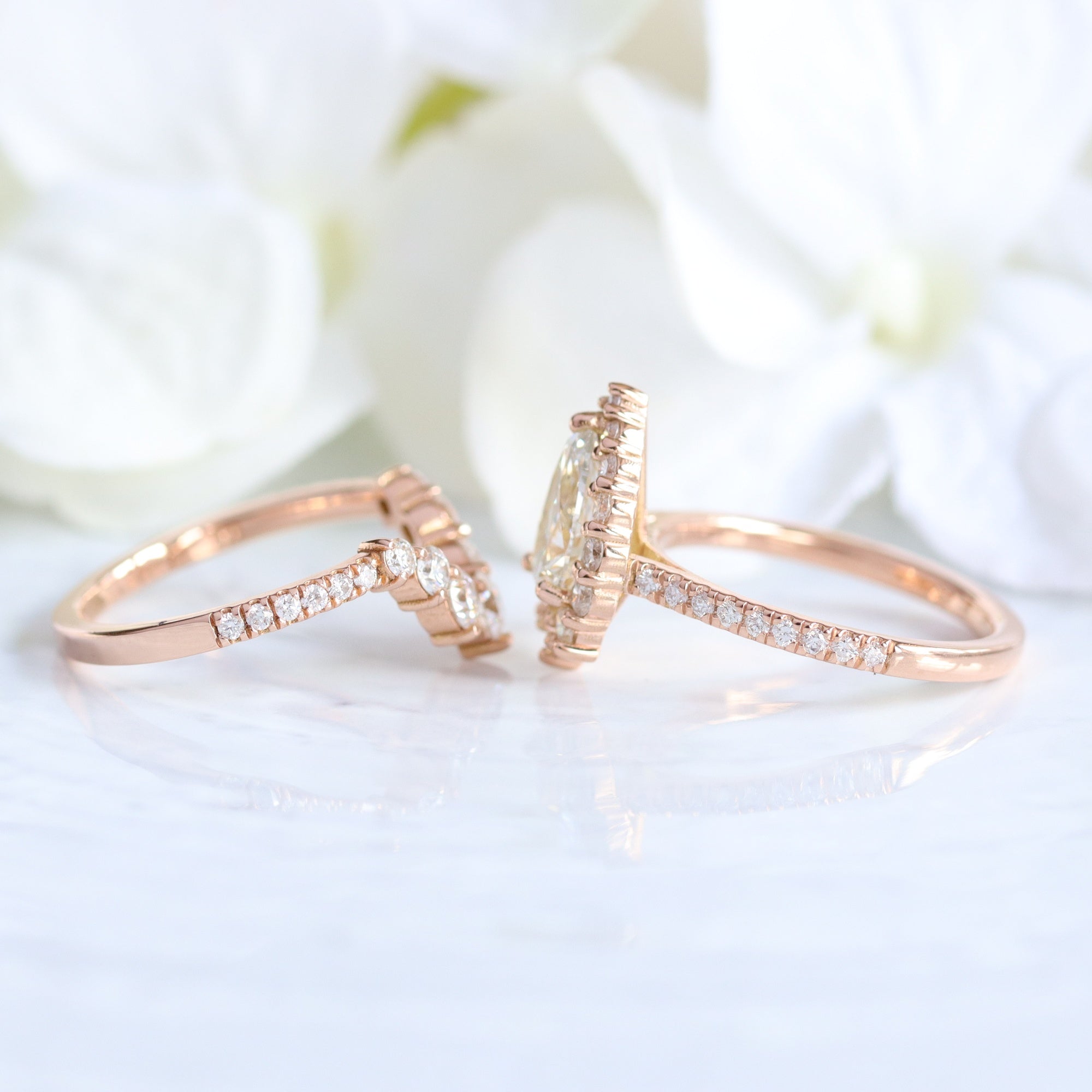 lab diamond ring stack rose gold pear diamond halo engagement ring set La More Design Jewelry