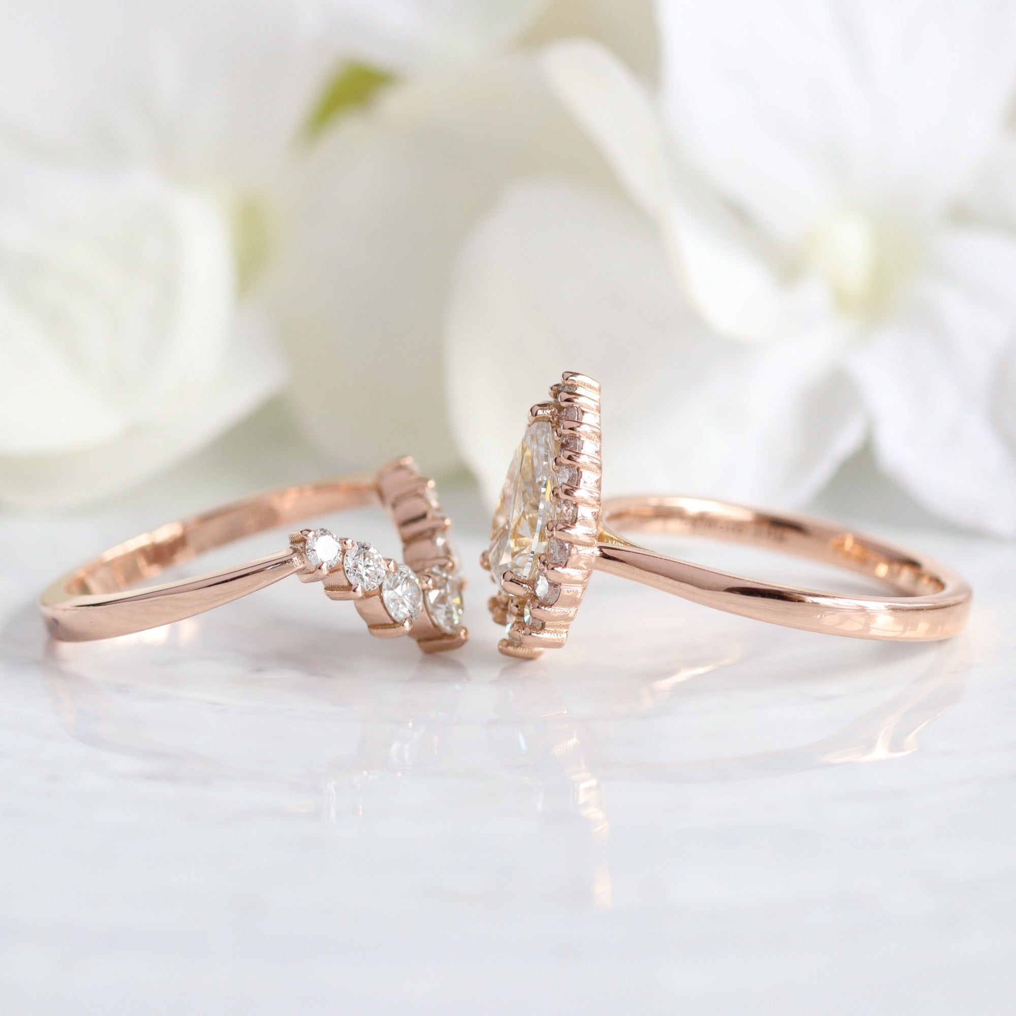 lab diamond ring stack rose gold pear diamond halo engagement ring set La More Design Jewelry