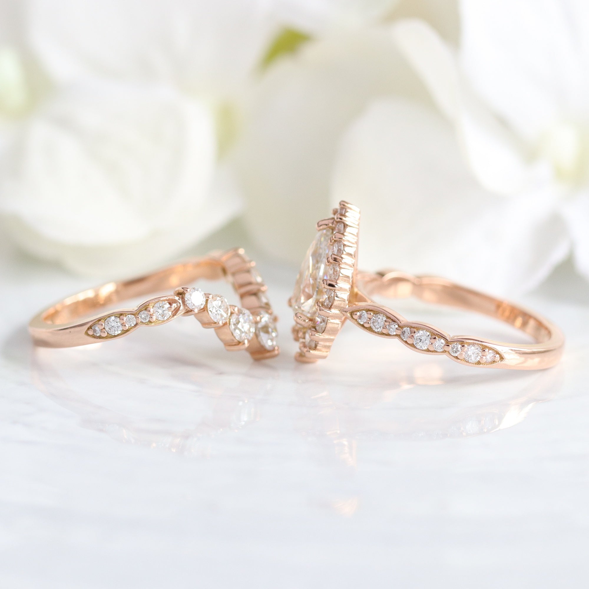 lab diamond ring stack rose gold pear diamond halo engagement ring set La More Design Jewelry